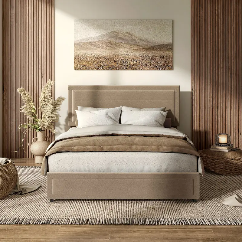 Jacinth Light Brown Velvet 4-Drawer Full Platform Bed