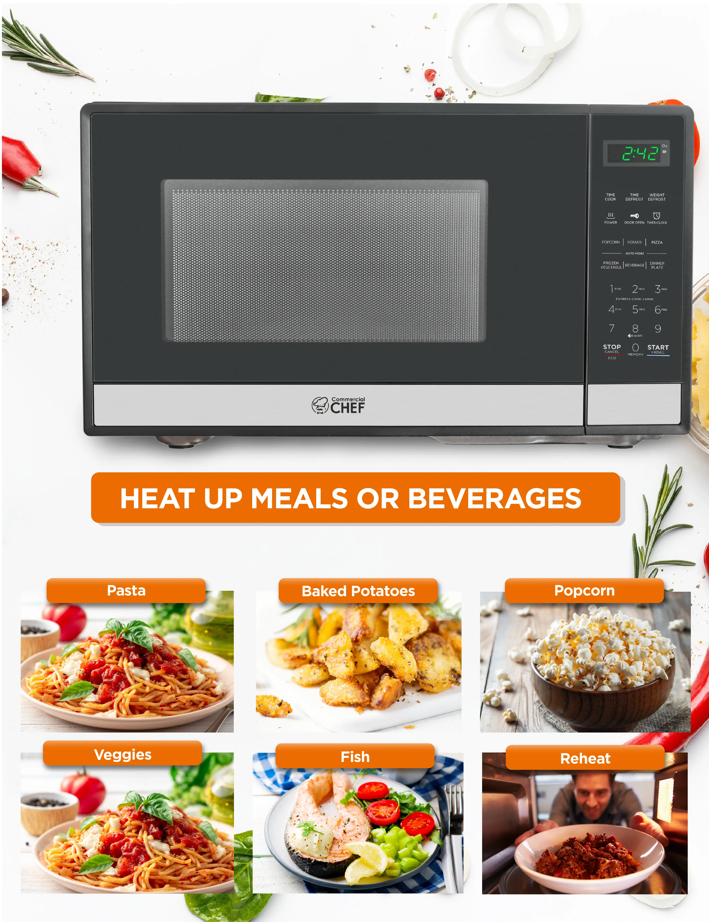 CHM9MS Commercial Chef 0.9 Cu Ft Countertop Microwave - Stainless Steel and Black-2