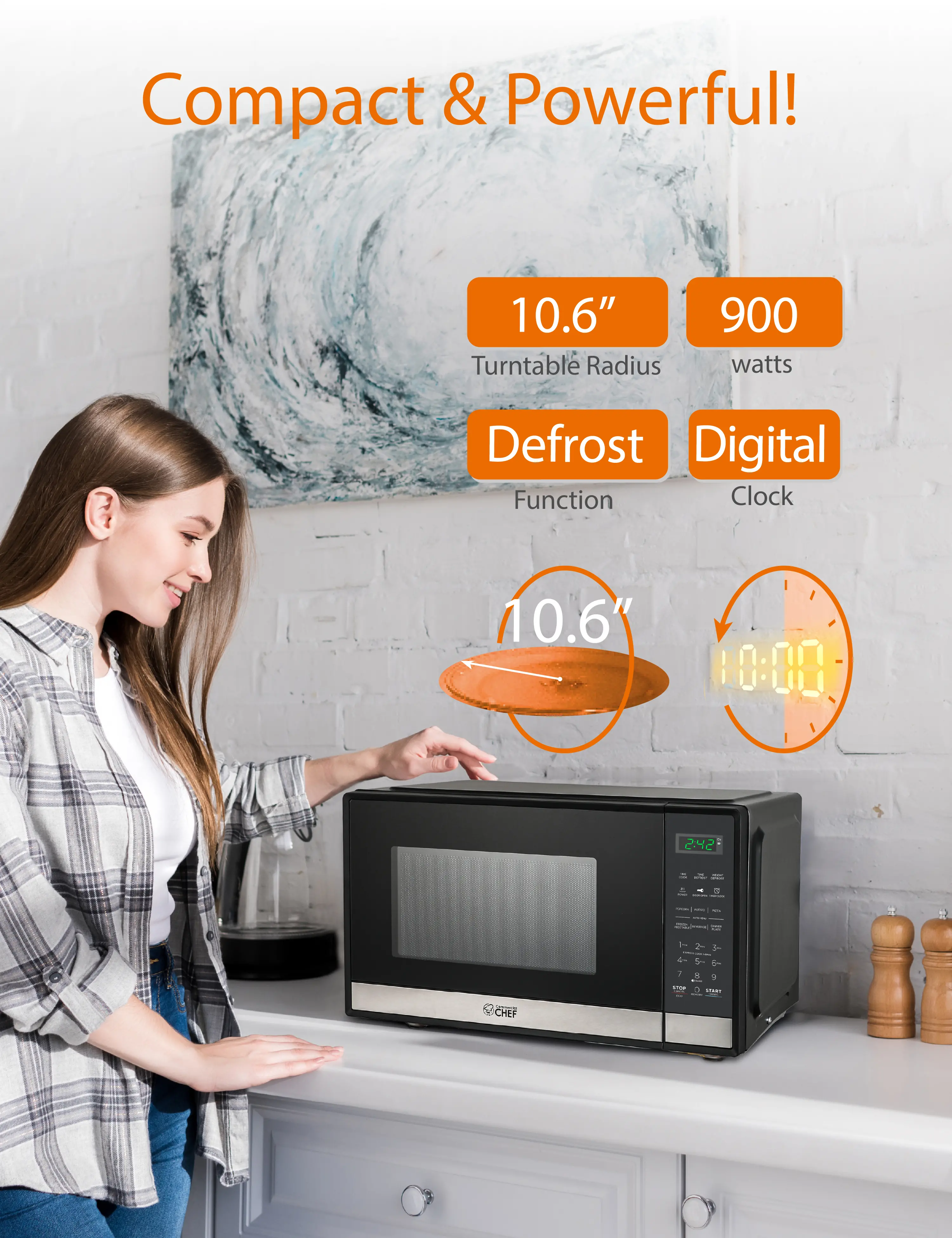 CHM9MS Commercial Chef 0.9 Cu Ft Countertop Microwave - Stainless Steel and Black-4