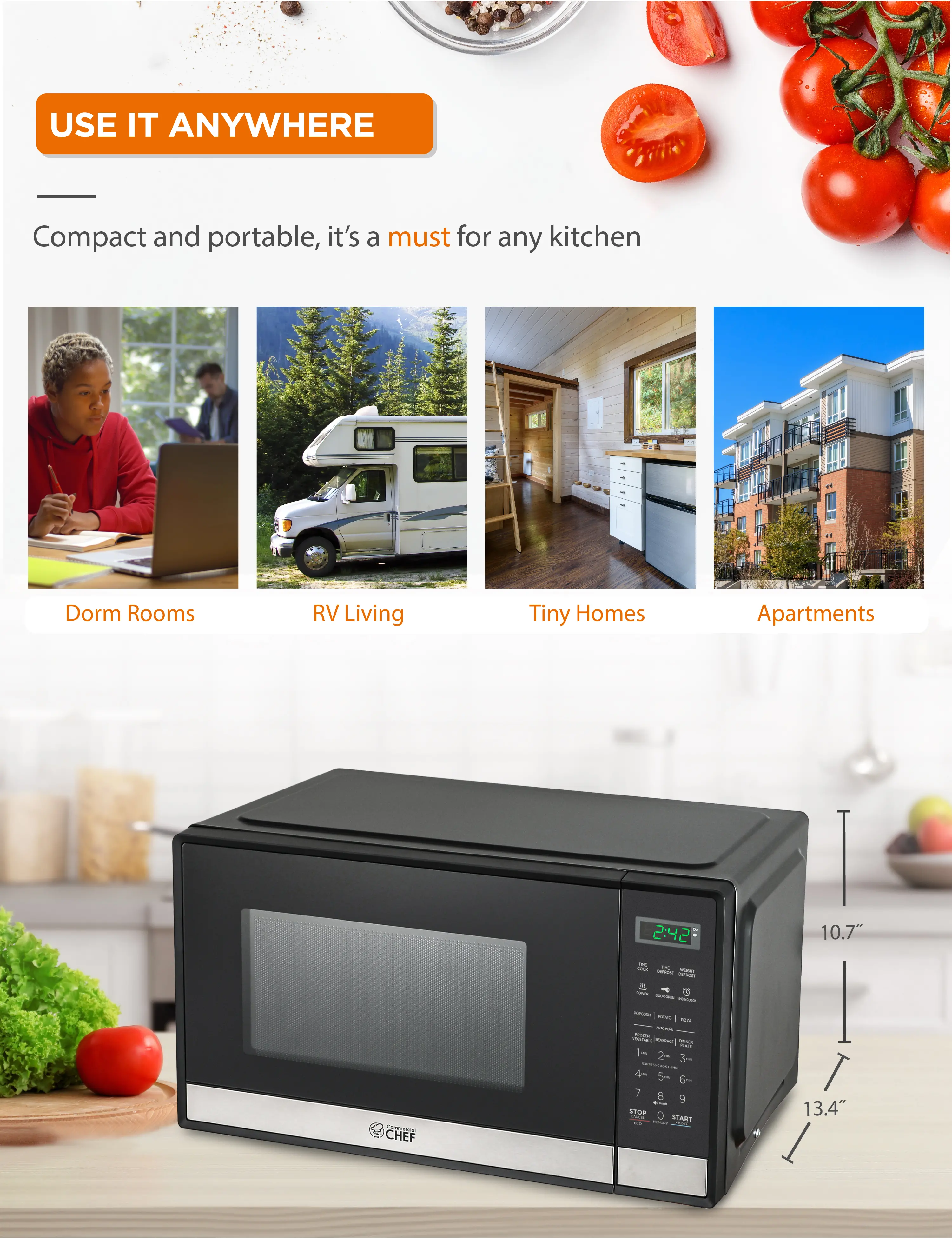 CHM9MS Commercial Chef 0.9 Cu Ft Countertop Microwave - Stainless Steel and Black-7