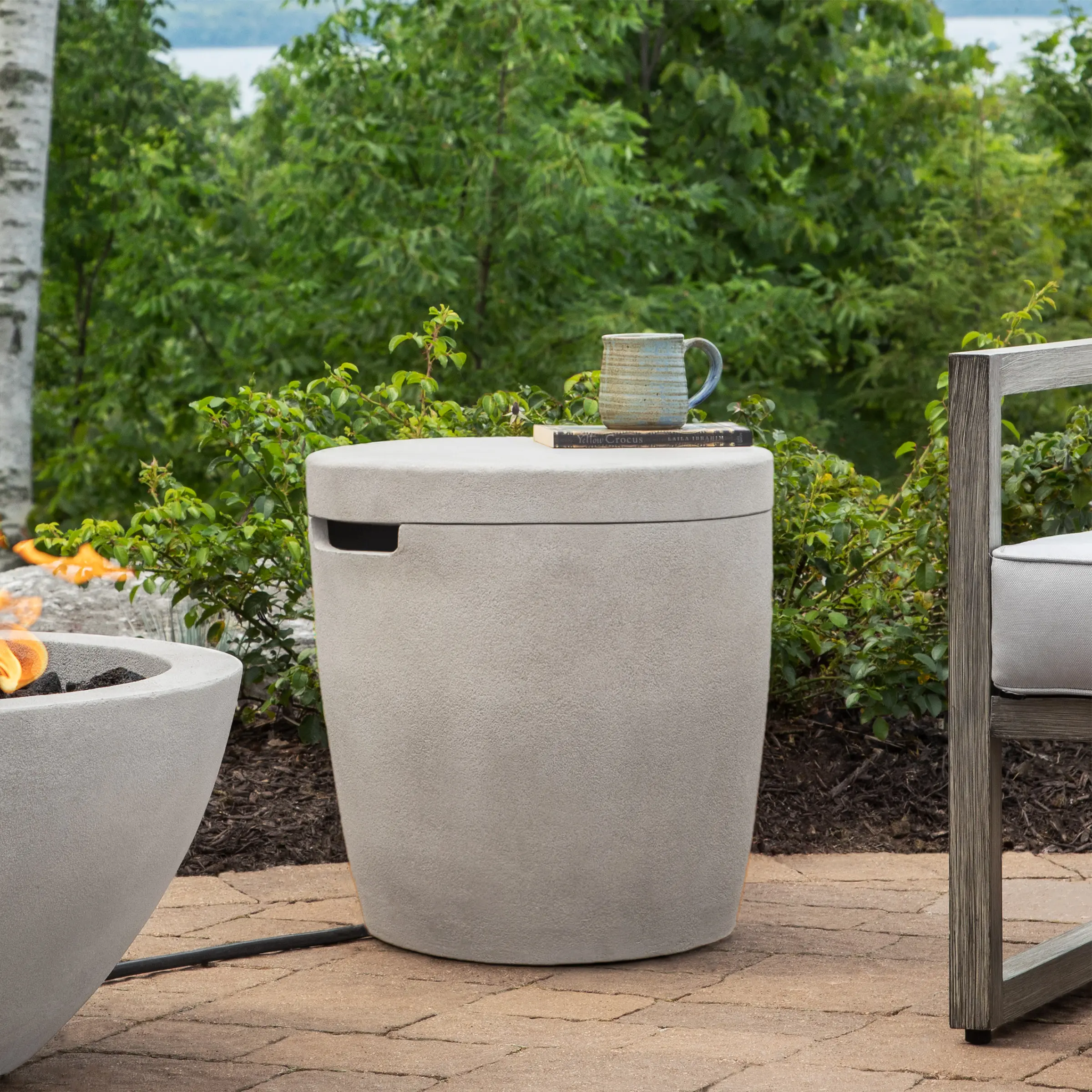 133-FOG Eldora Round Fog Concrete Propane Tank Cover and Side Table-2