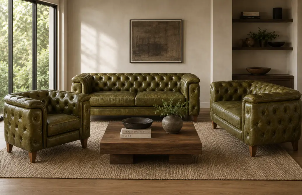 Laurel Olive Green Italian Leather Sofa-2