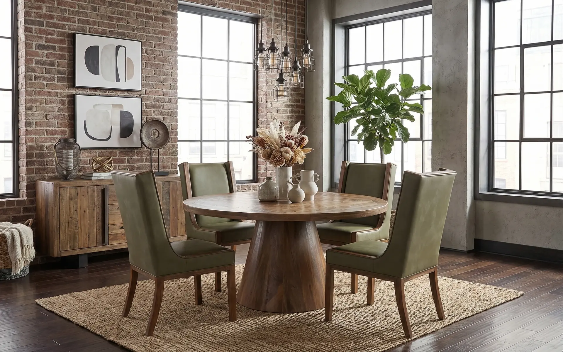 Balam Mango 5-Piece Round Table Set with Green Upholstered Chairs-2
