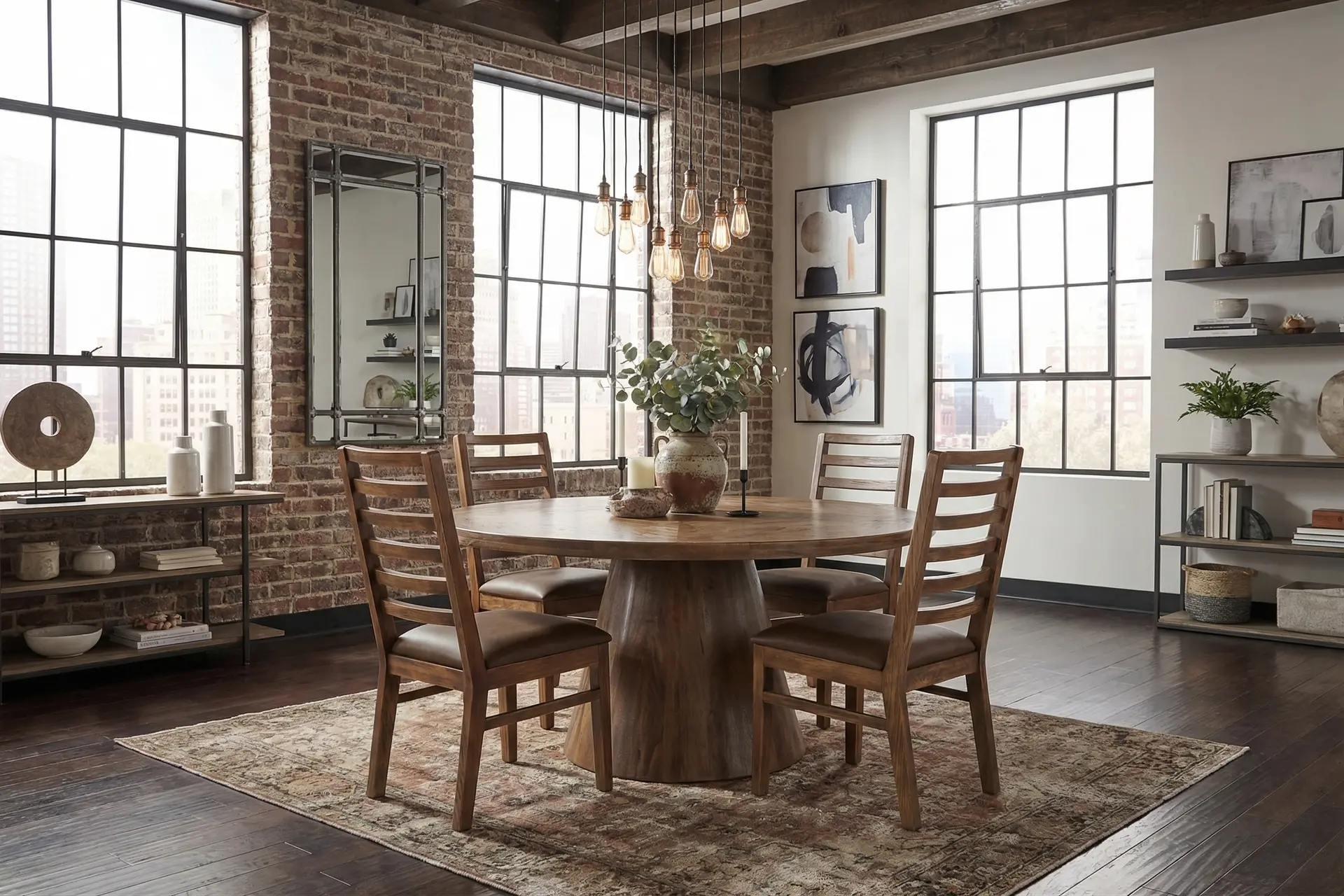 Balam Mango 5-Piece Round Table Set with Brown Ladder Back Chairs-7