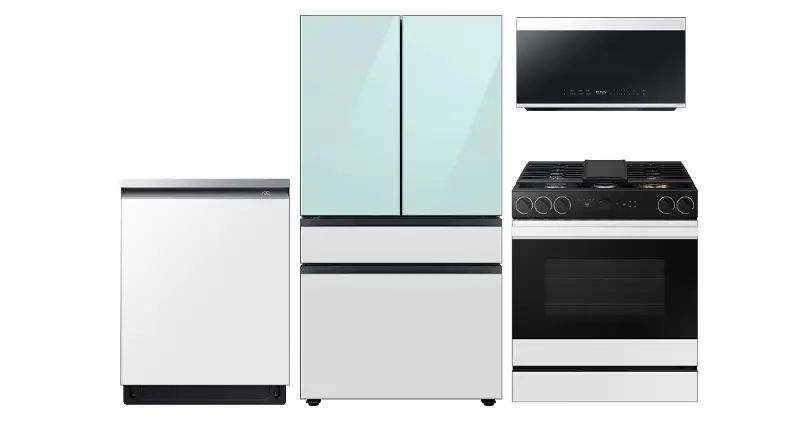 Samsung Bespoke 4 Piece Gas Appliance Package - White and Morning Blue Glass
