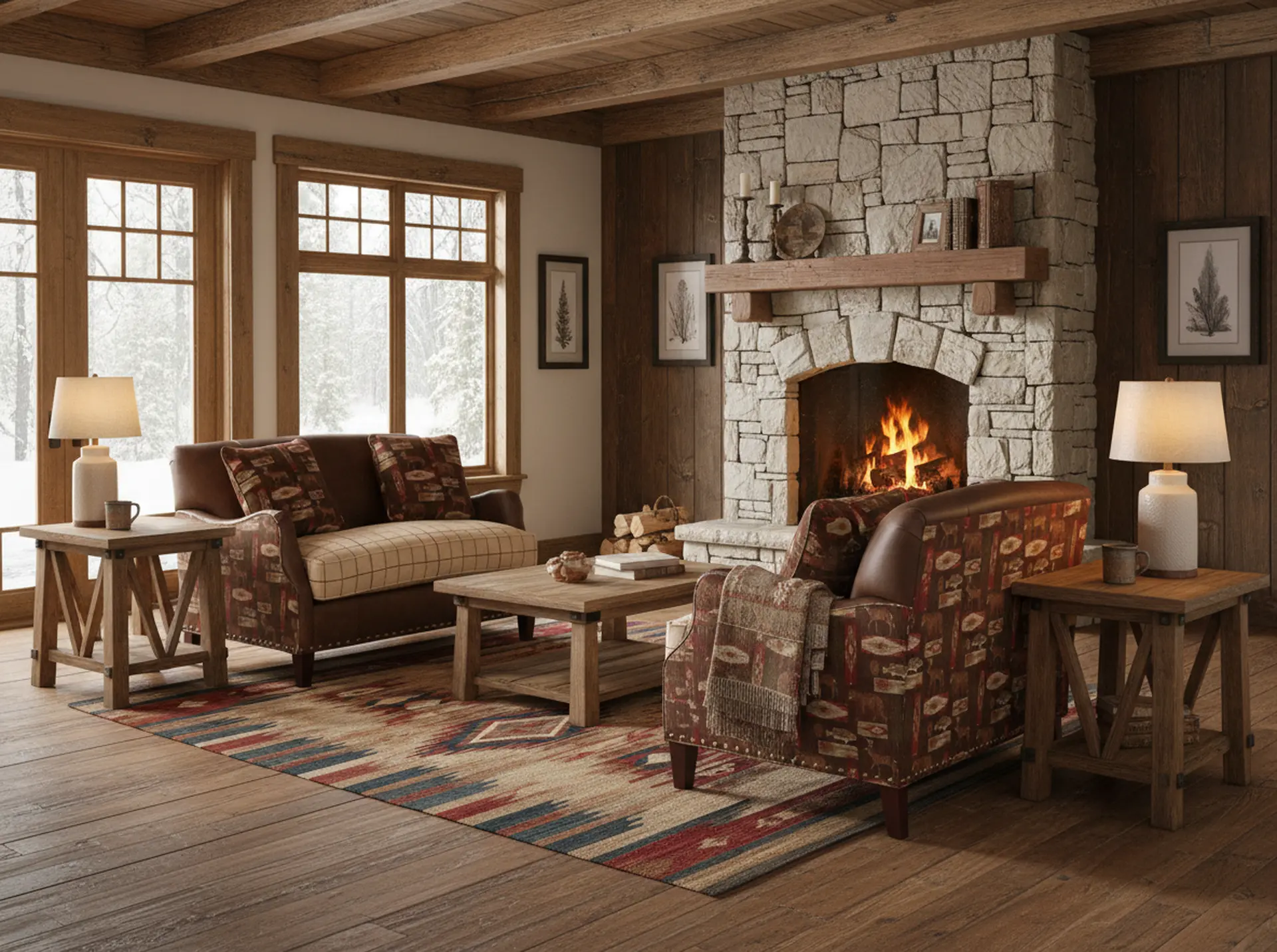 Eastwood Rustic Wilderness Print and Faux Leather Settee-2