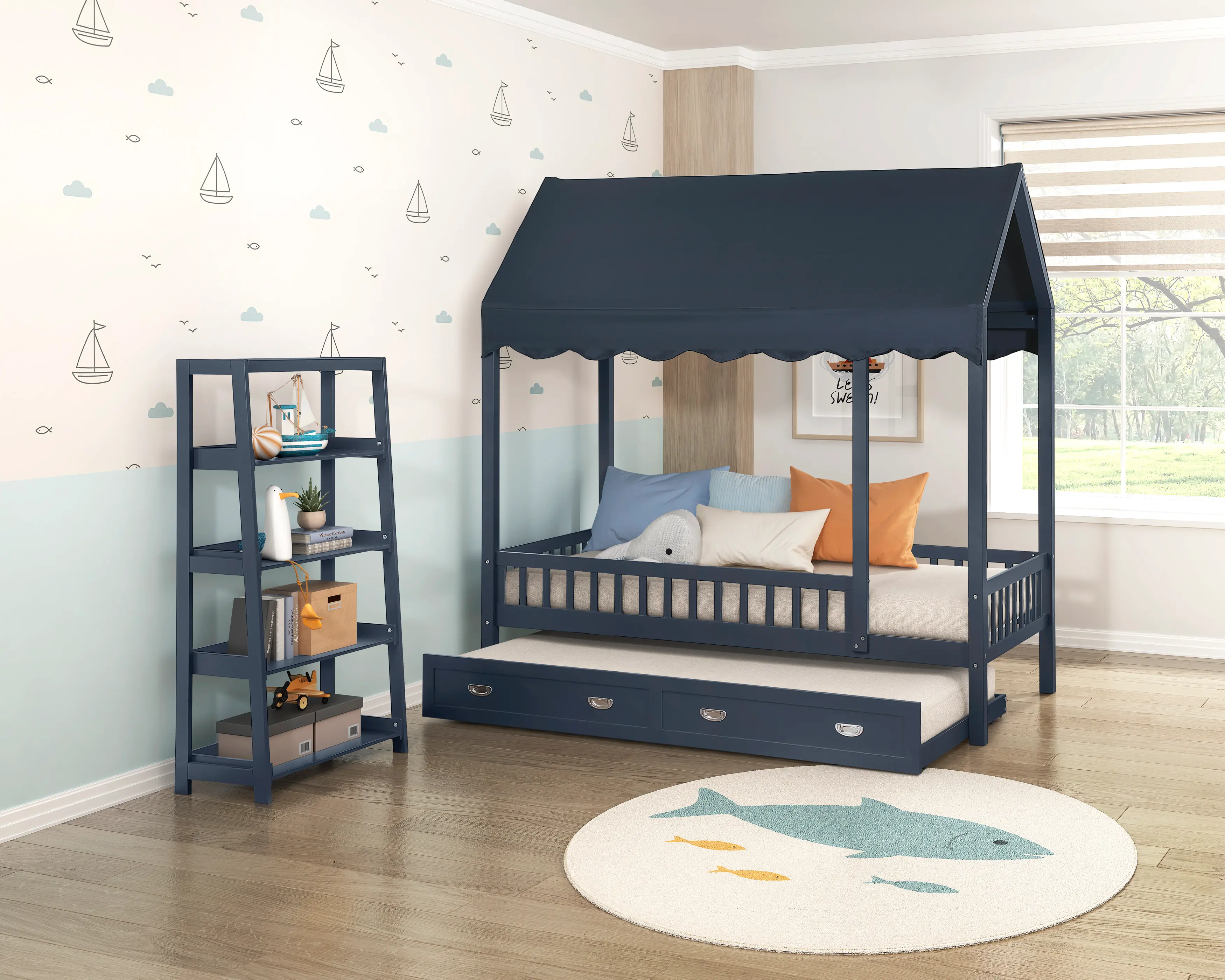 Skylar Navy Blue Twin Canopy Bed with Trundle-1
