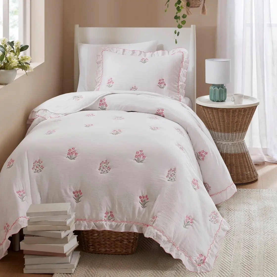 Pink Floral Queen and Full Embroidered Quilt Set-1