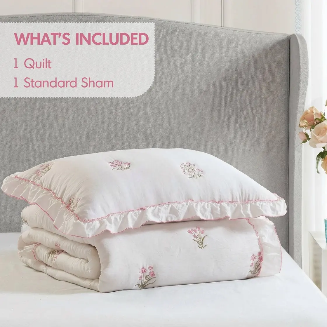 Pink Floral Queen and Full Embroidered Quilt Set-10