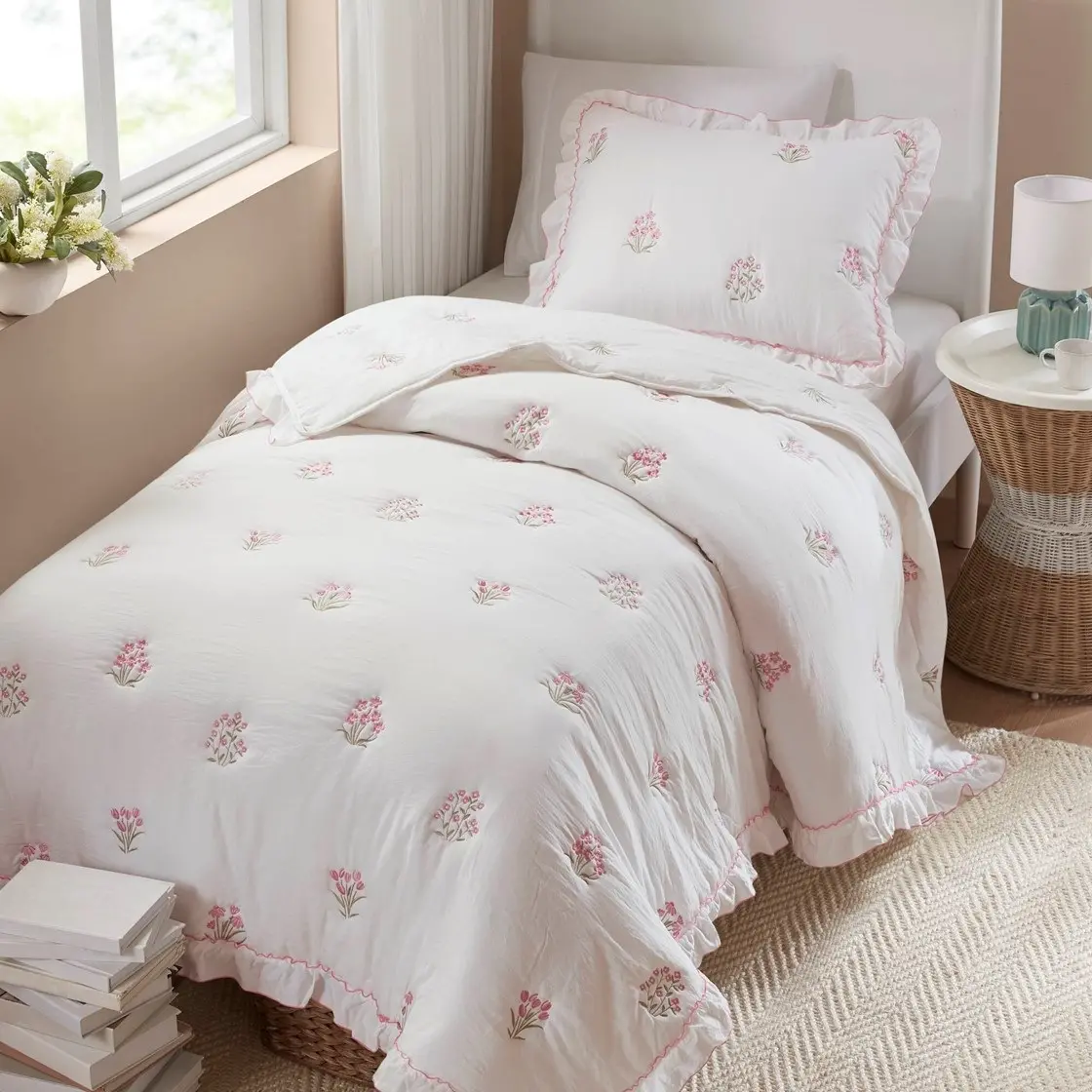 Pink Floral Queen and Full Embroidered Quilt Set-3