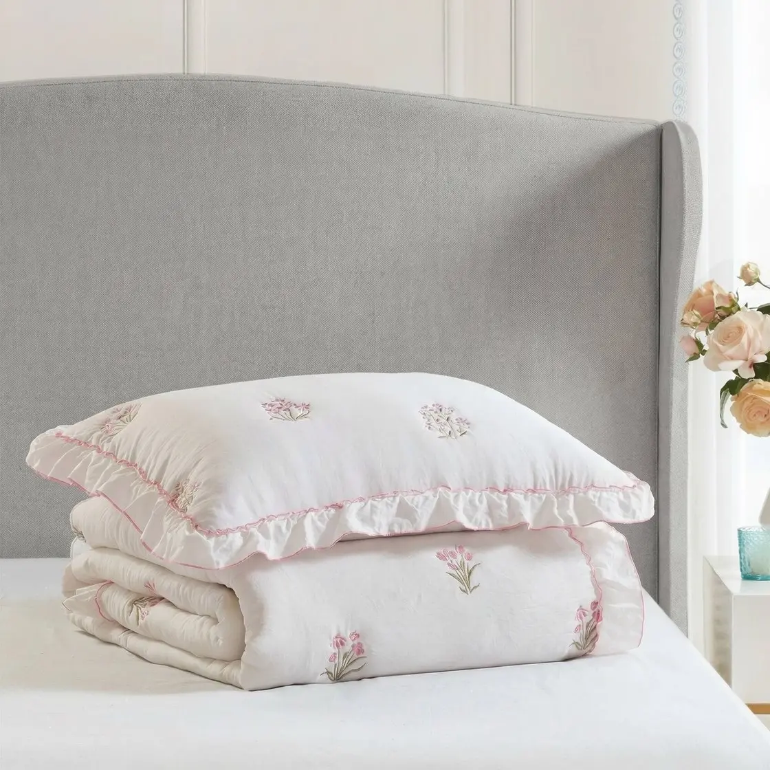 Pink Floral Queen and Full Embroidered Quilt Set-6