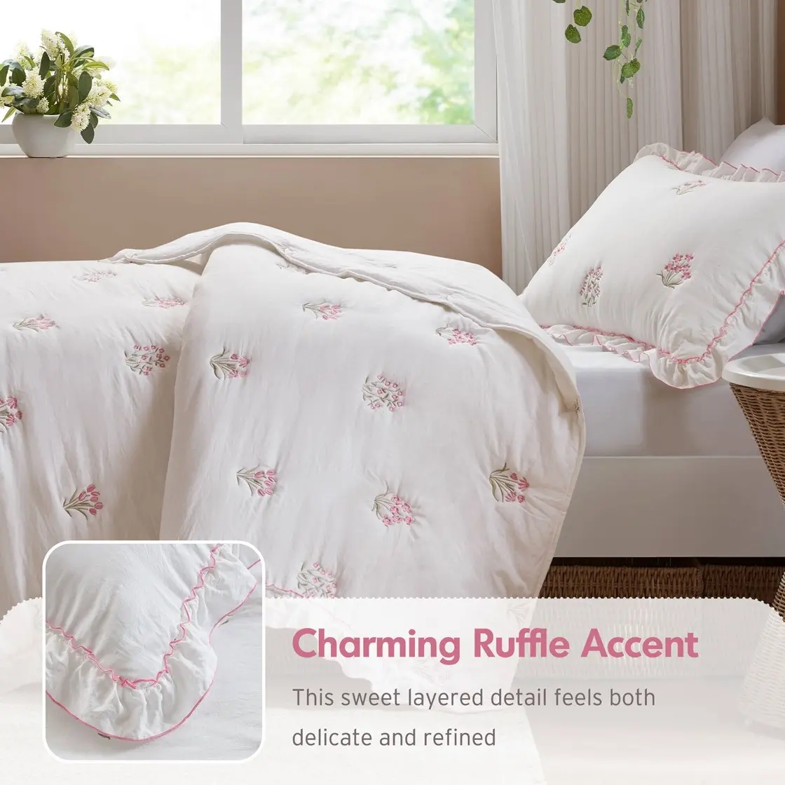 Pink Floral Queen and Full Embroidered Quilt Set-7