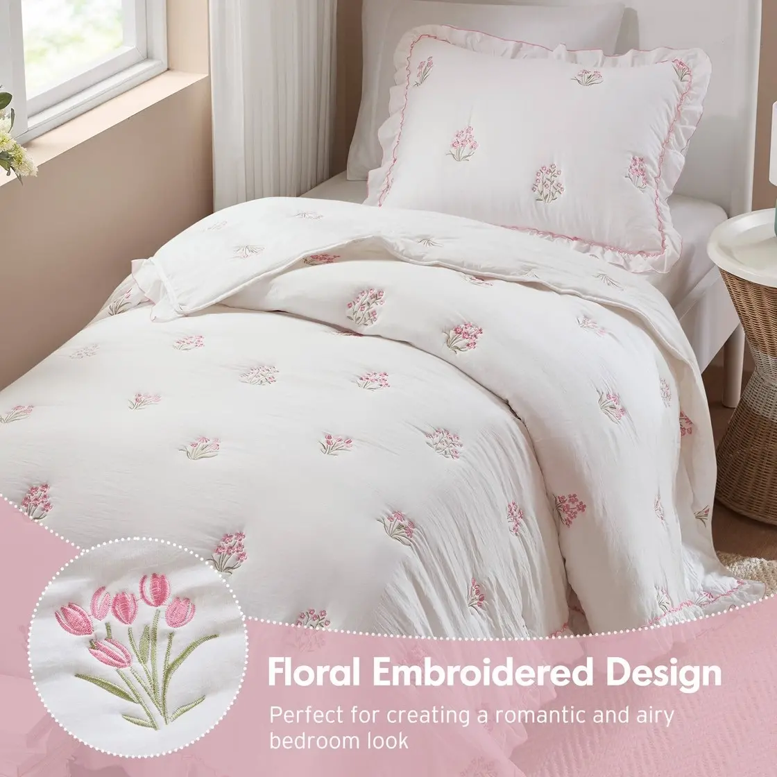 Pink Floral Queen and Full Embroidered Quilt Set-8