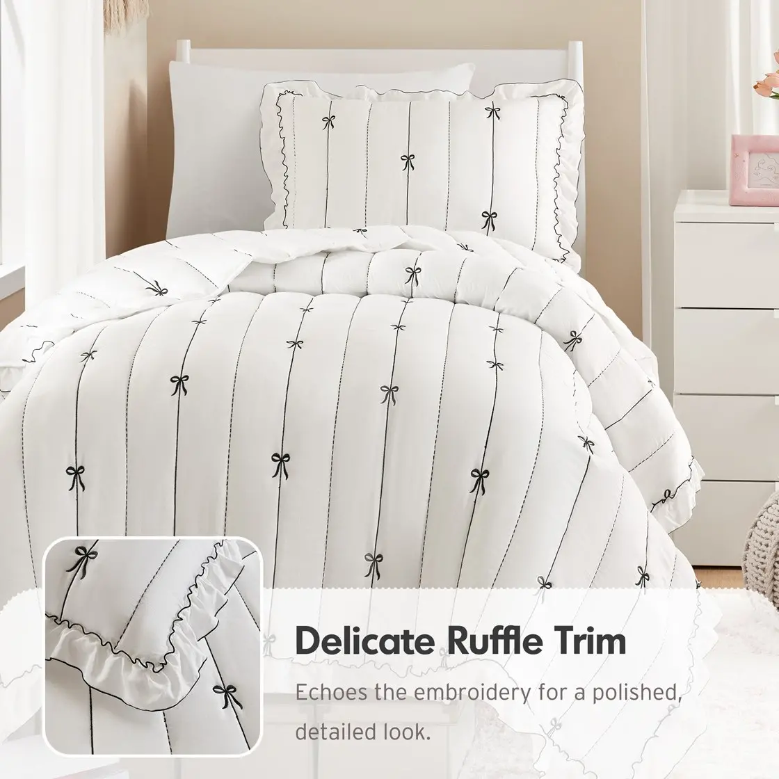 Bow Embroidered White Twin Quilt Set-9