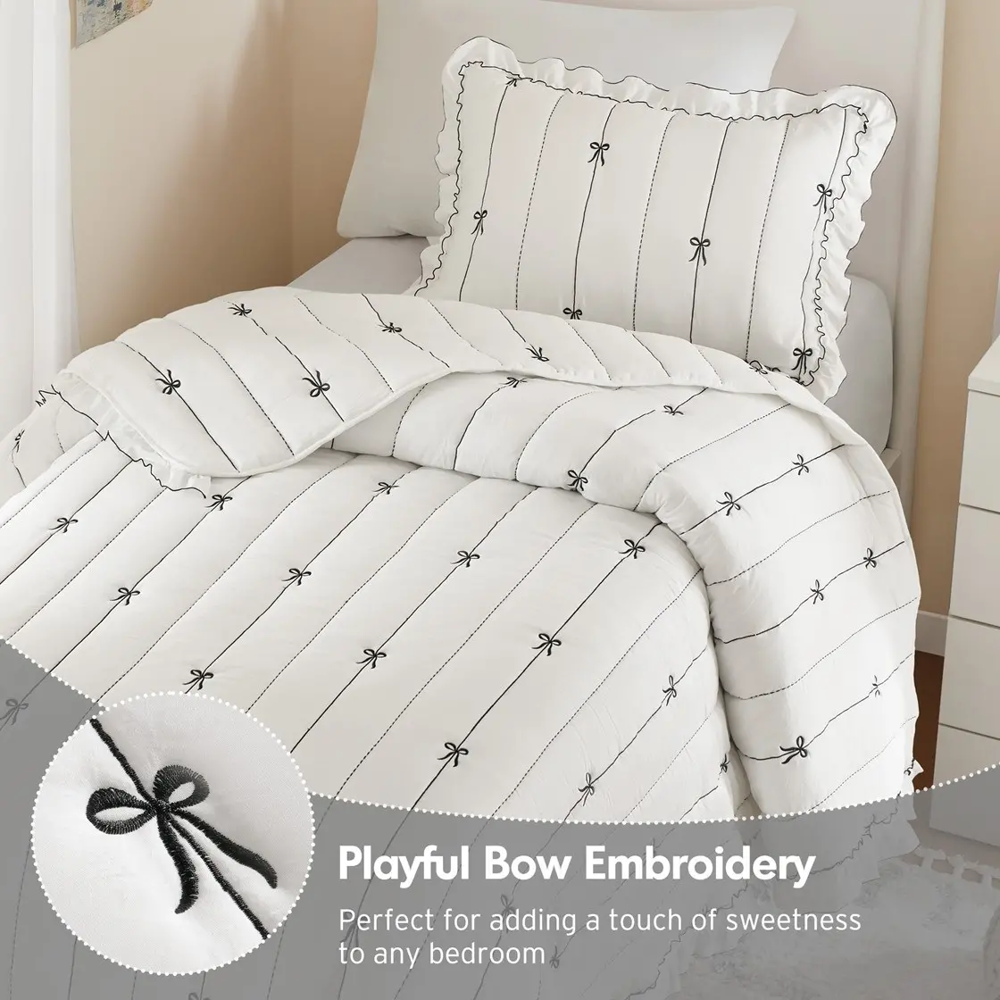 Bow Embroidered White Twin Quilt Set-10