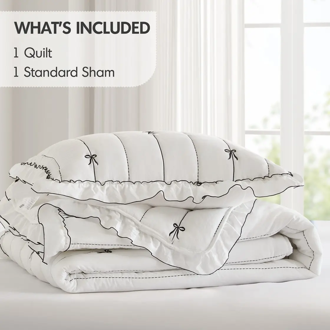 Bow Embroidered White Twin Quilt Set-13
