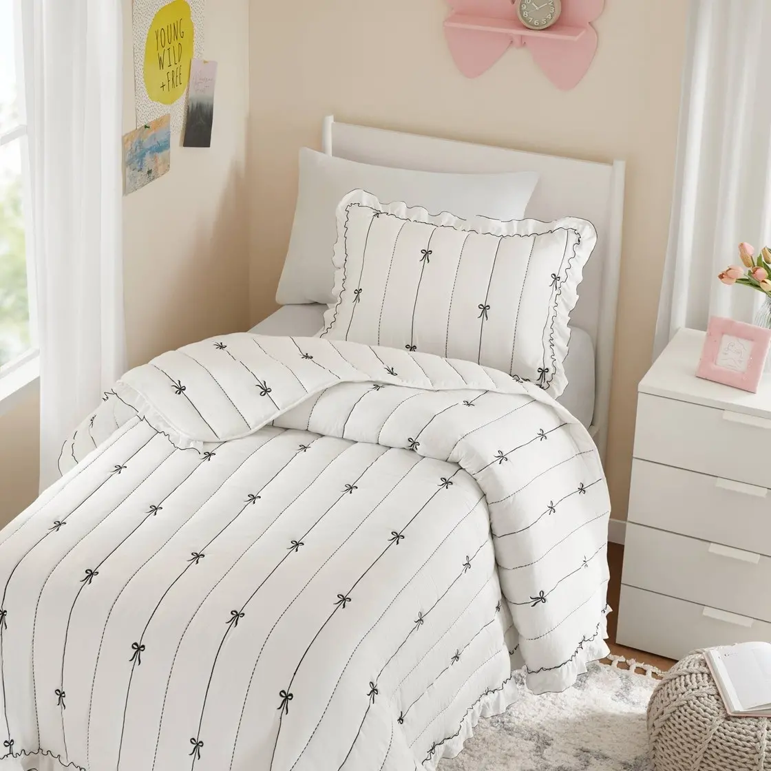 Bow Embroidered White Twin Quilt Set-4