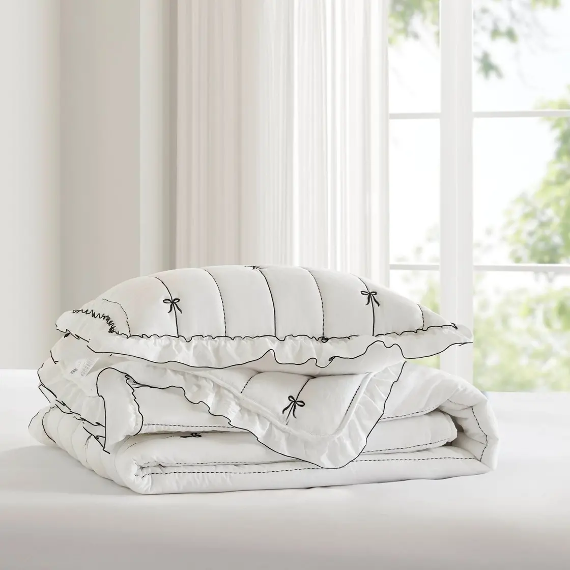 Bow Embroidered White Twin Quilt Set-7