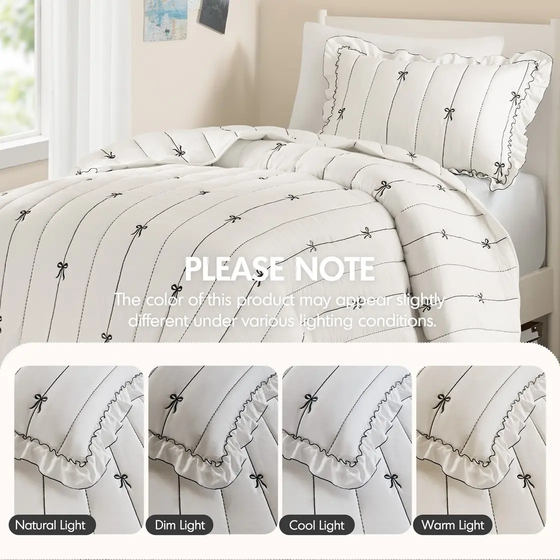 Bow Embroidered White Queen and Full Quilt Set-4
