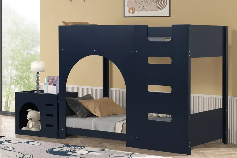 Wesley Dark Blue Twin-over-Twin Bunk Bed with Pet House