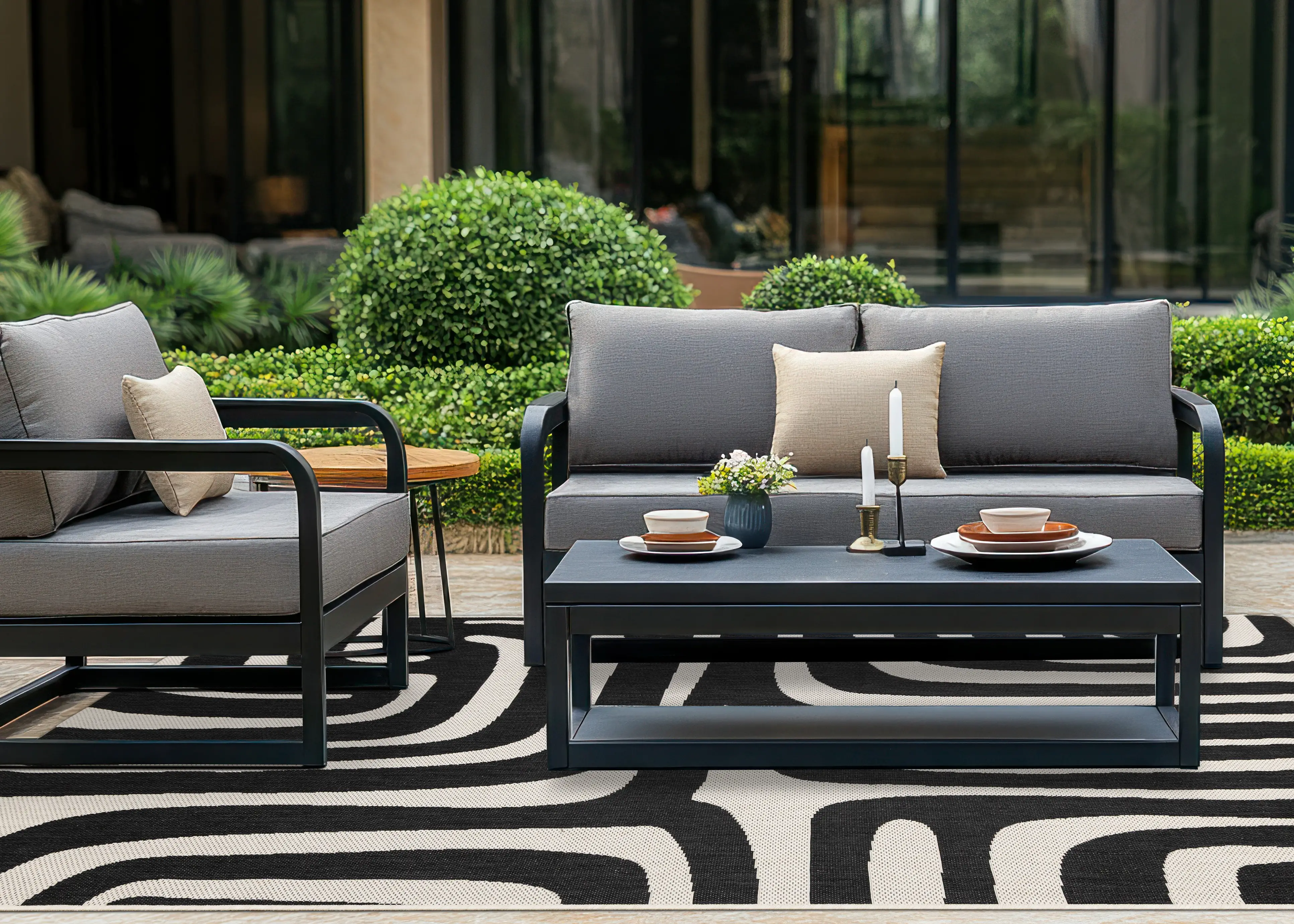 Jasper 8 x 10 Black and White Abstract Lines Outdoor Rug-2