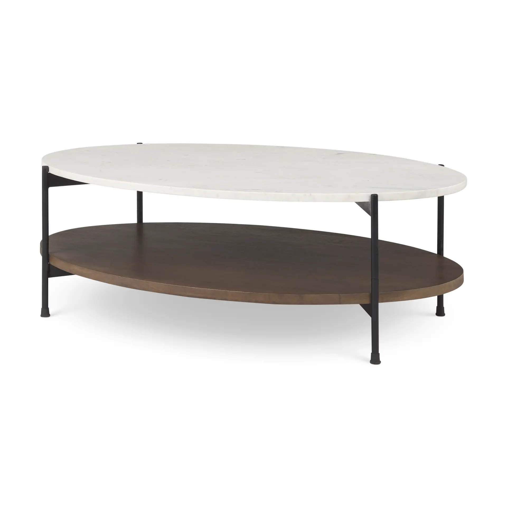 Larkin White Marble and Dark Brown Wood Oval Coffee Table-1
