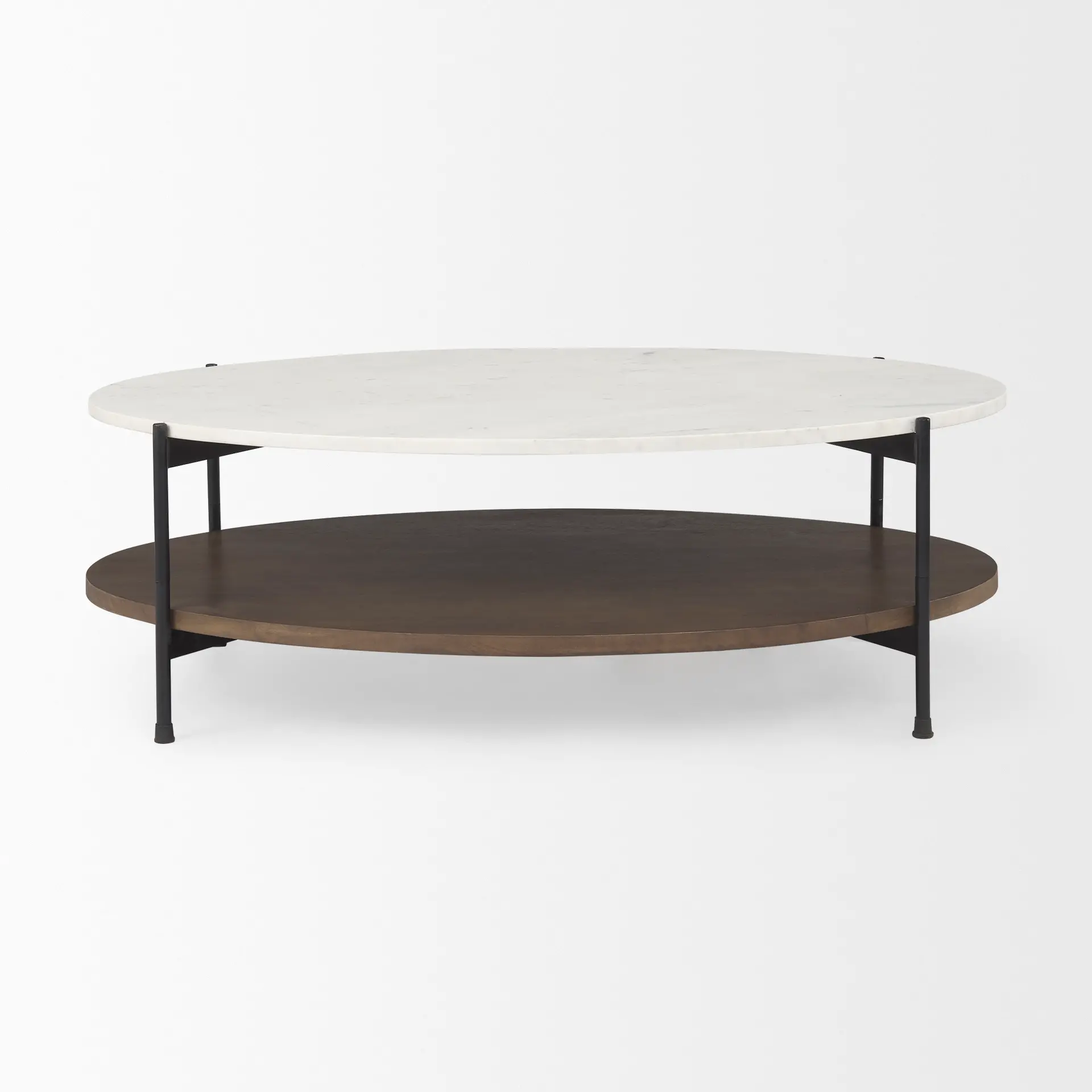 Larkin White Marble and Dark Brown Wood Oval Coffee Table-2