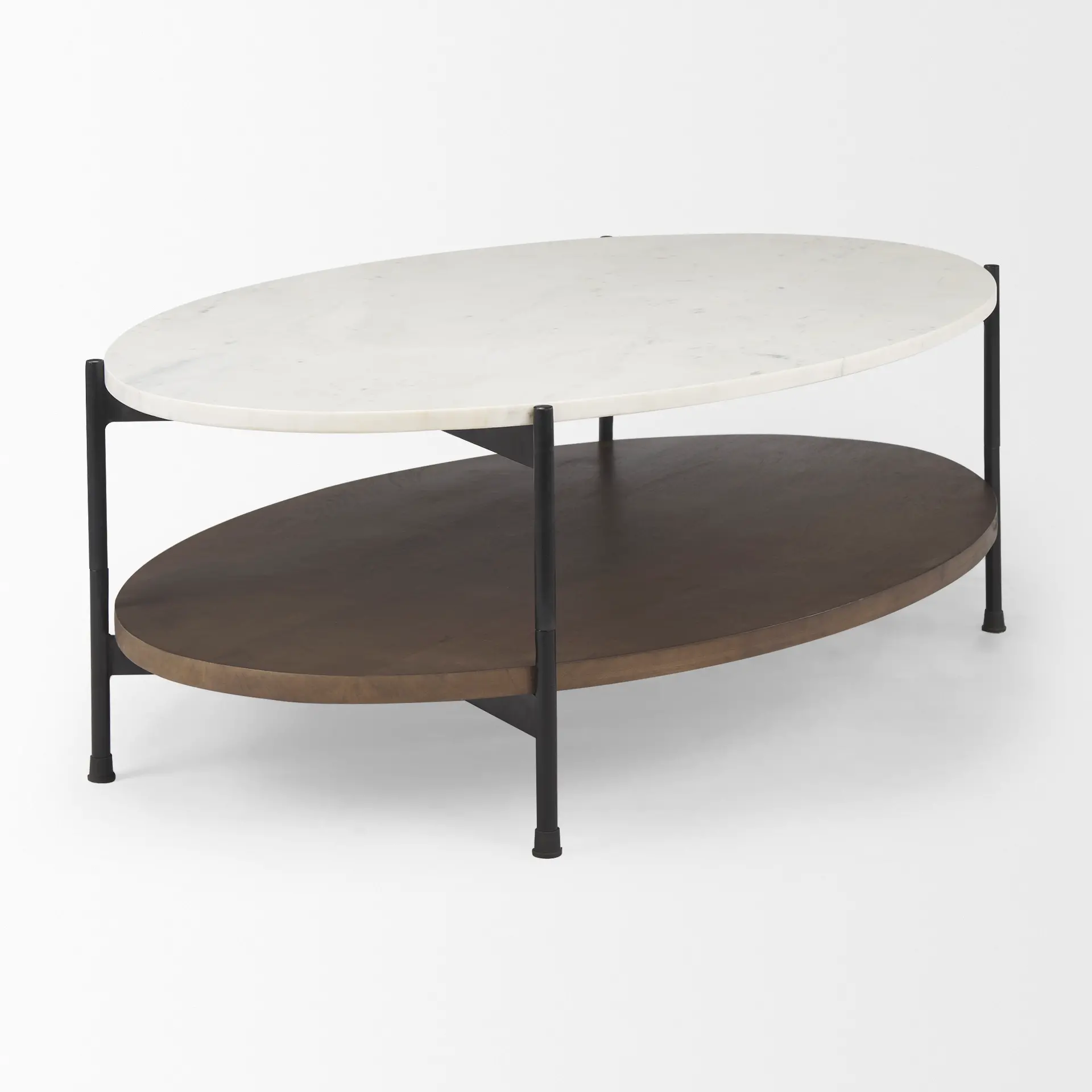 Larkin White Marble and Dark Brown Wood Oval Coffee Table-3