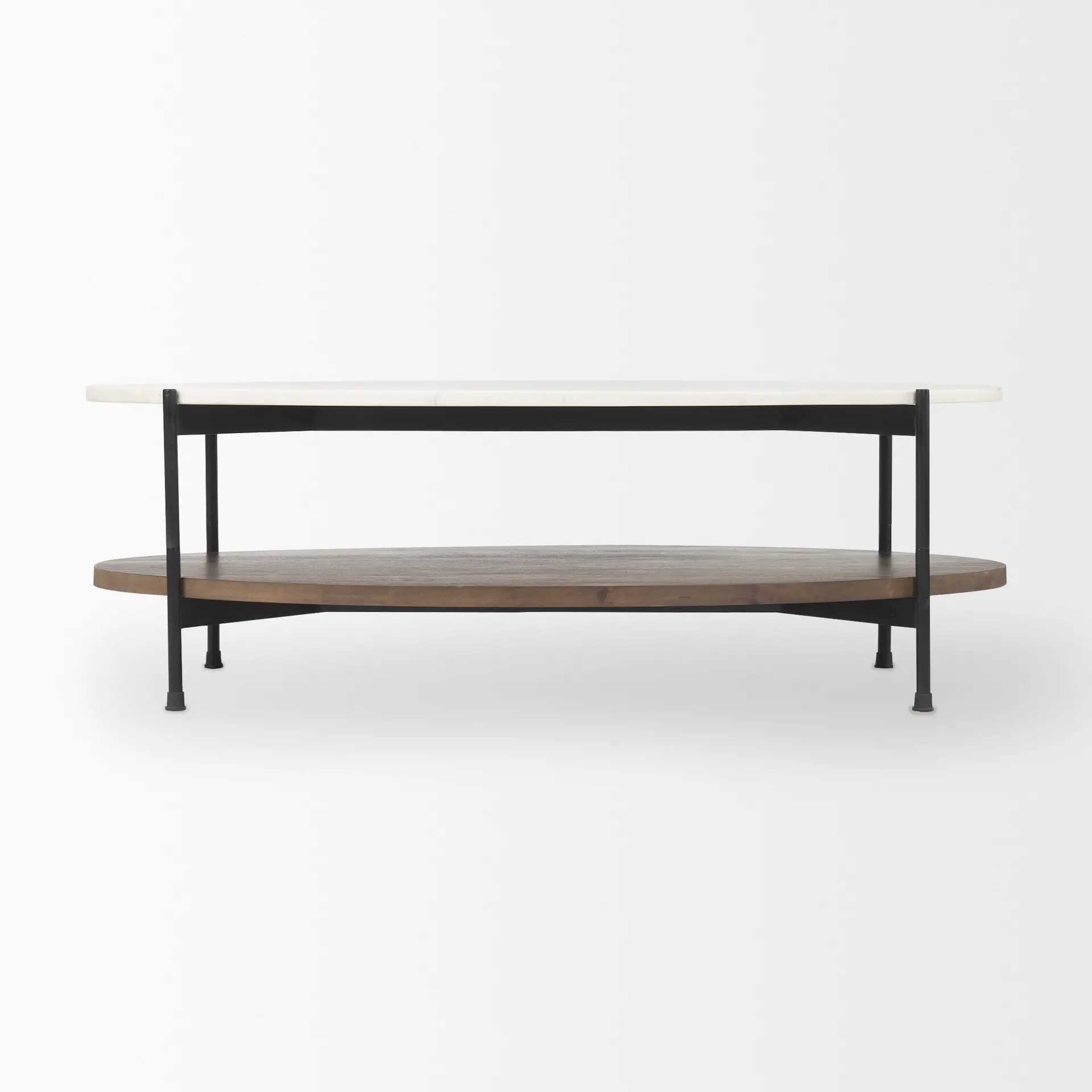 Larkin White Marble and Dark Brown Wood Oval Coffee Table-4