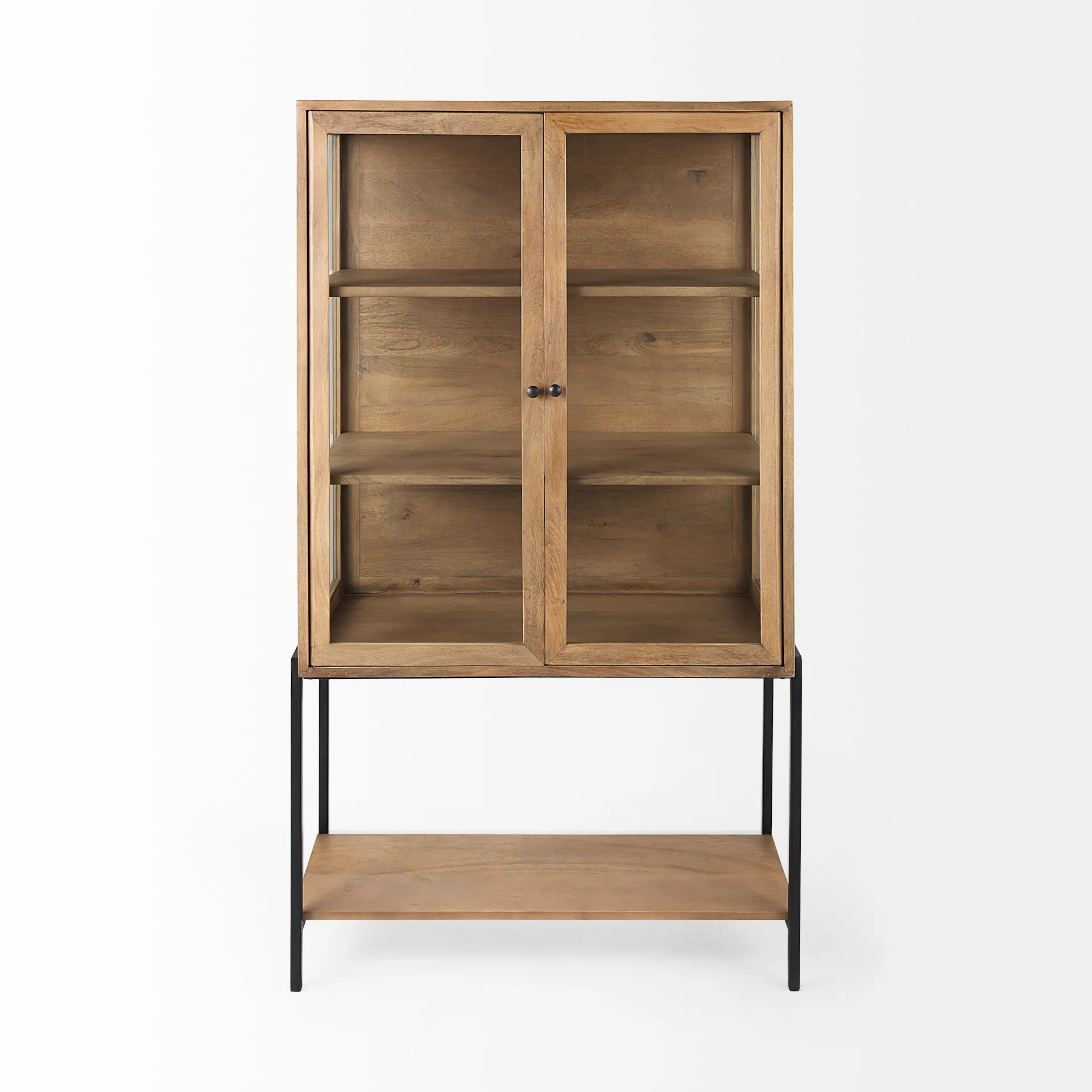 Arelius Light Brown Wood with Black Metal Base Display Cabinet-1