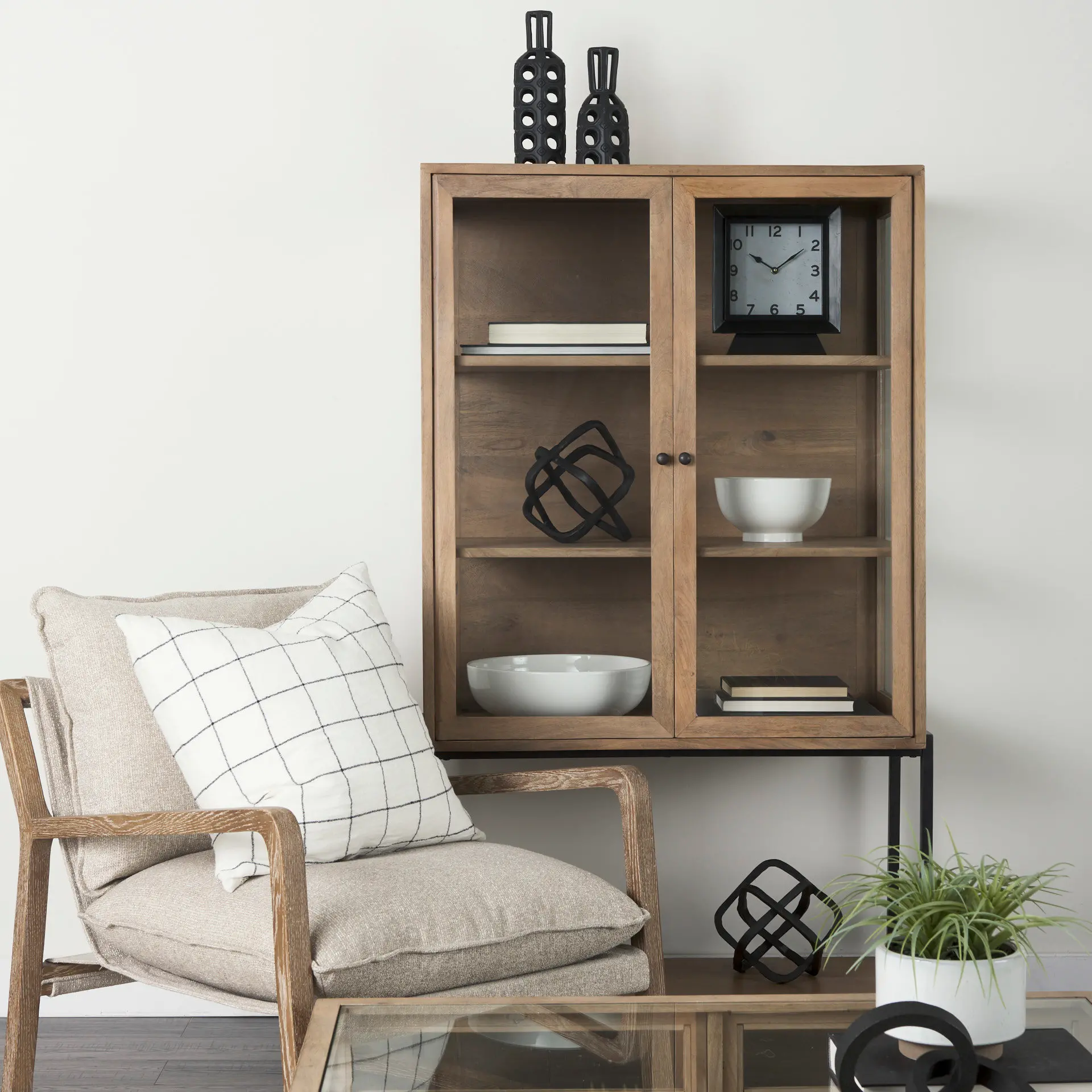 Arelius Light Brown Wood with Black Metal Base Display Cabinet-2
