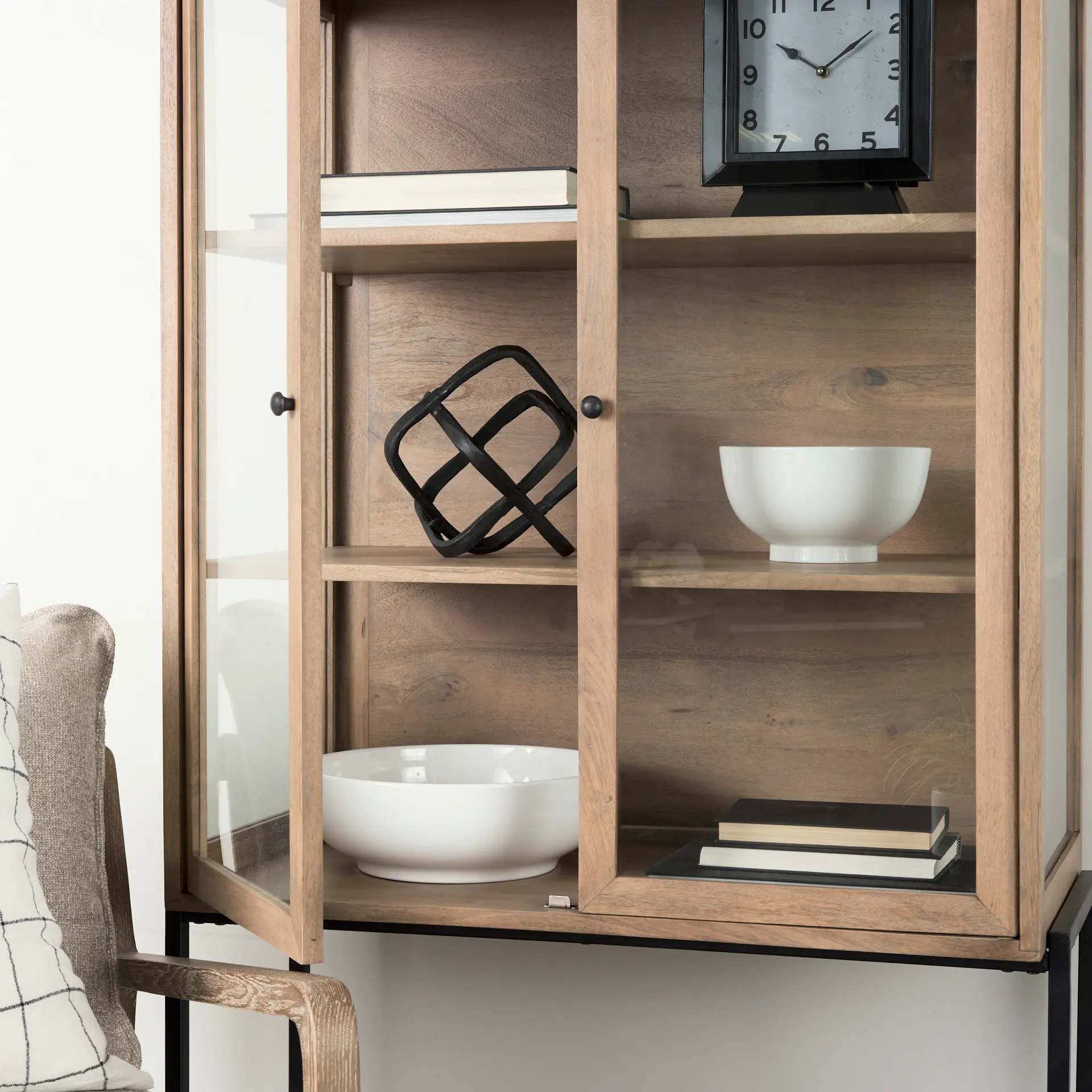 Arelius Light Brown Wood with Black Metal Base Display Cabinet-3