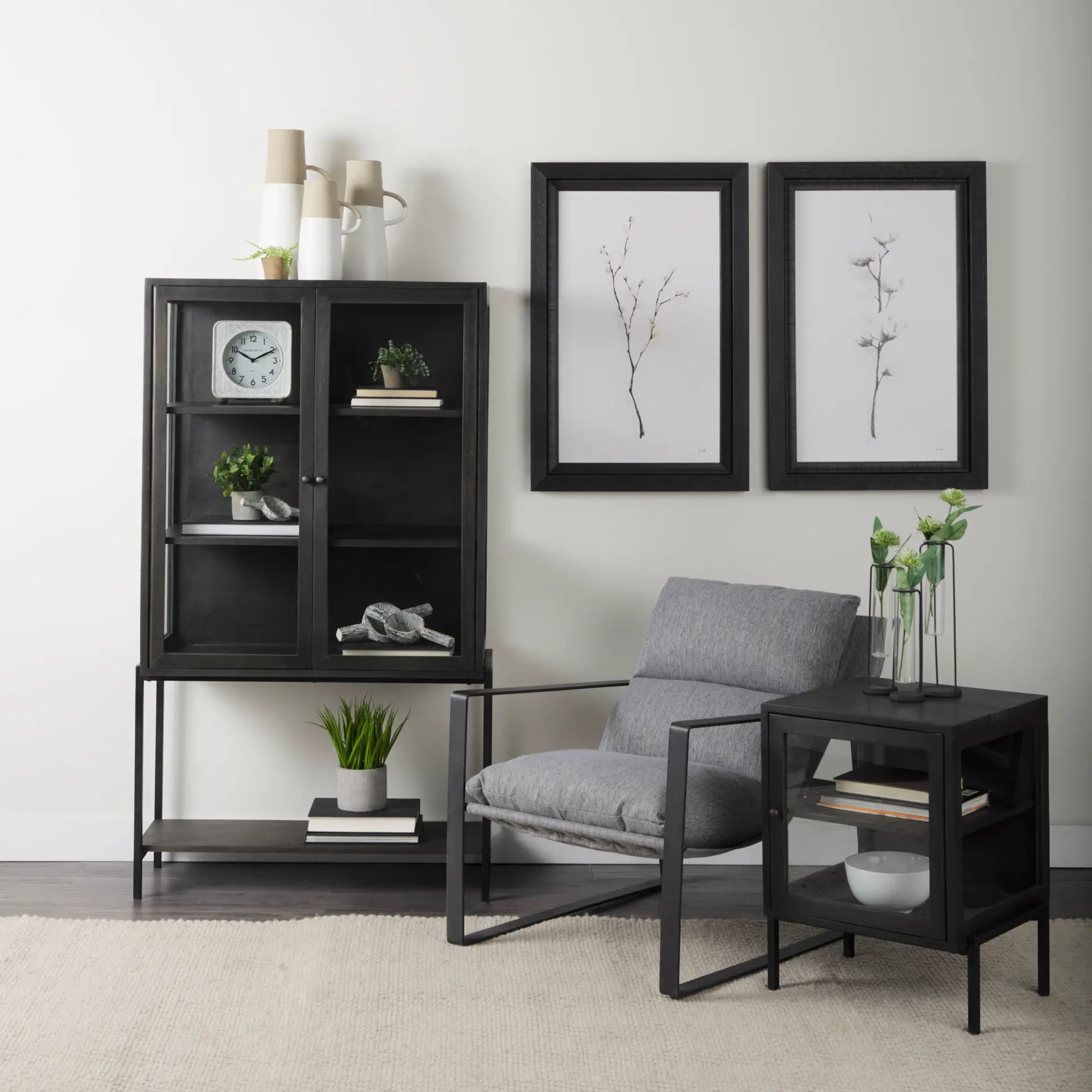 Arelius Black Wood with Metal Base Display Cabinet-3