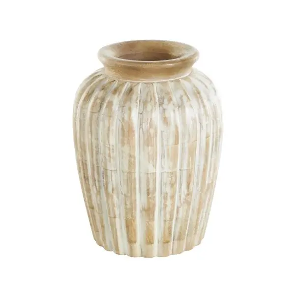 Mango Wood Decorative Ridged Vase-1