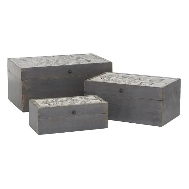 Wolfe Large Gray Wood Floral Decorative Box-1