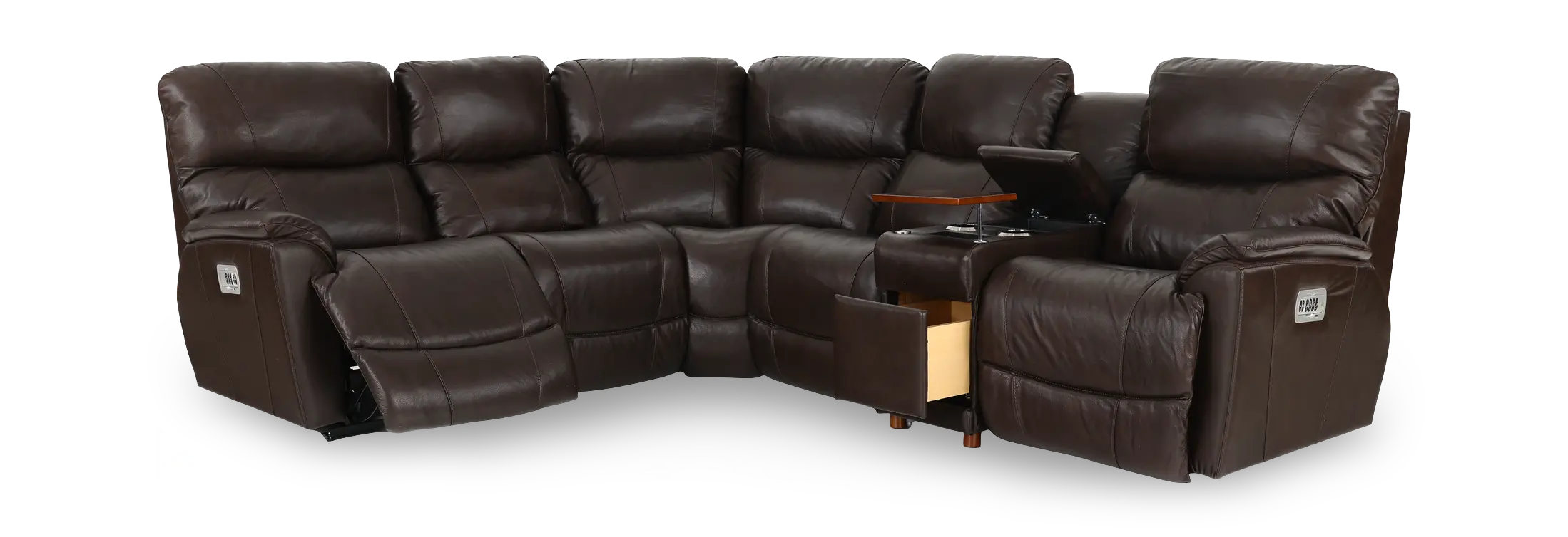 6PC/PWR/TROUPER/WALNUT Trouper Walnut Brown Leather 6-Piece Power Reclining Sectional-2