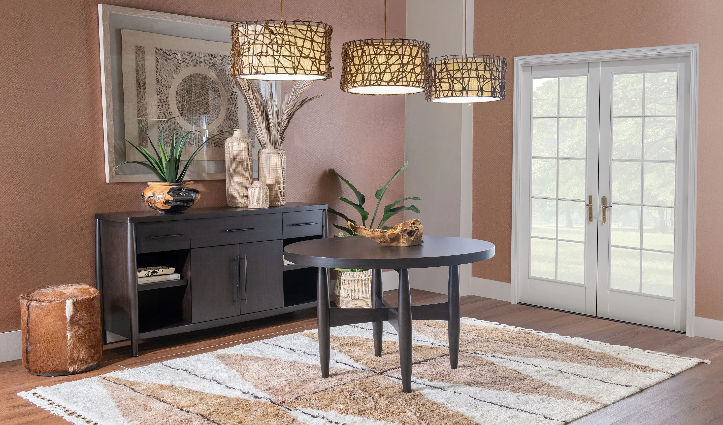 Koko Minx Brown Round Table with 4 Upholstered-Back Chairs-1