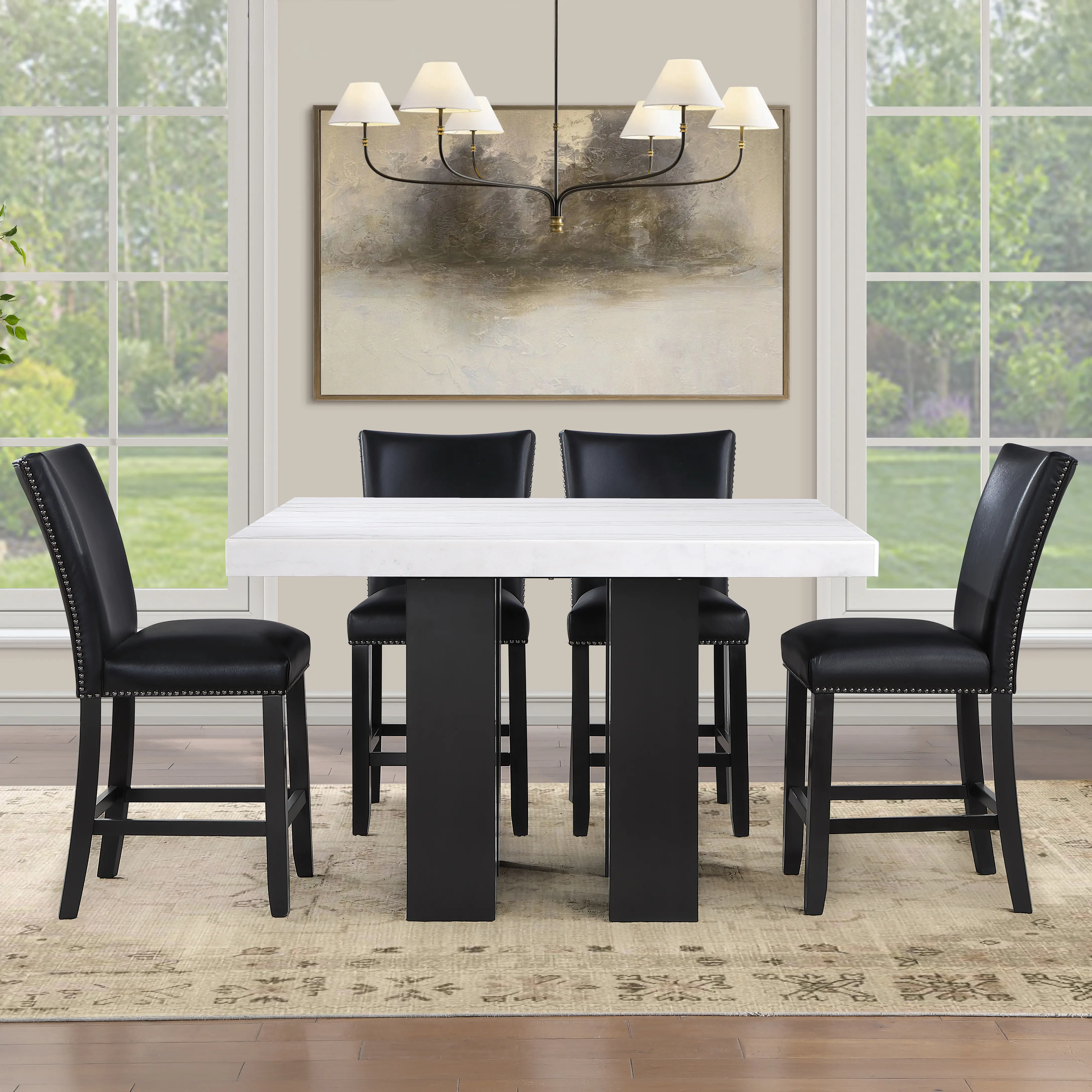 Artemis Marble Table with 4 Black Faux Leather Bar Stools-2