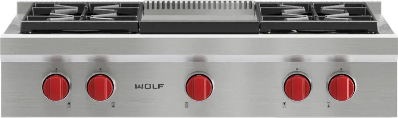 Wolf 36 Inch Sealed Burner Gas Rangetop with Griddle - Stainless Steel