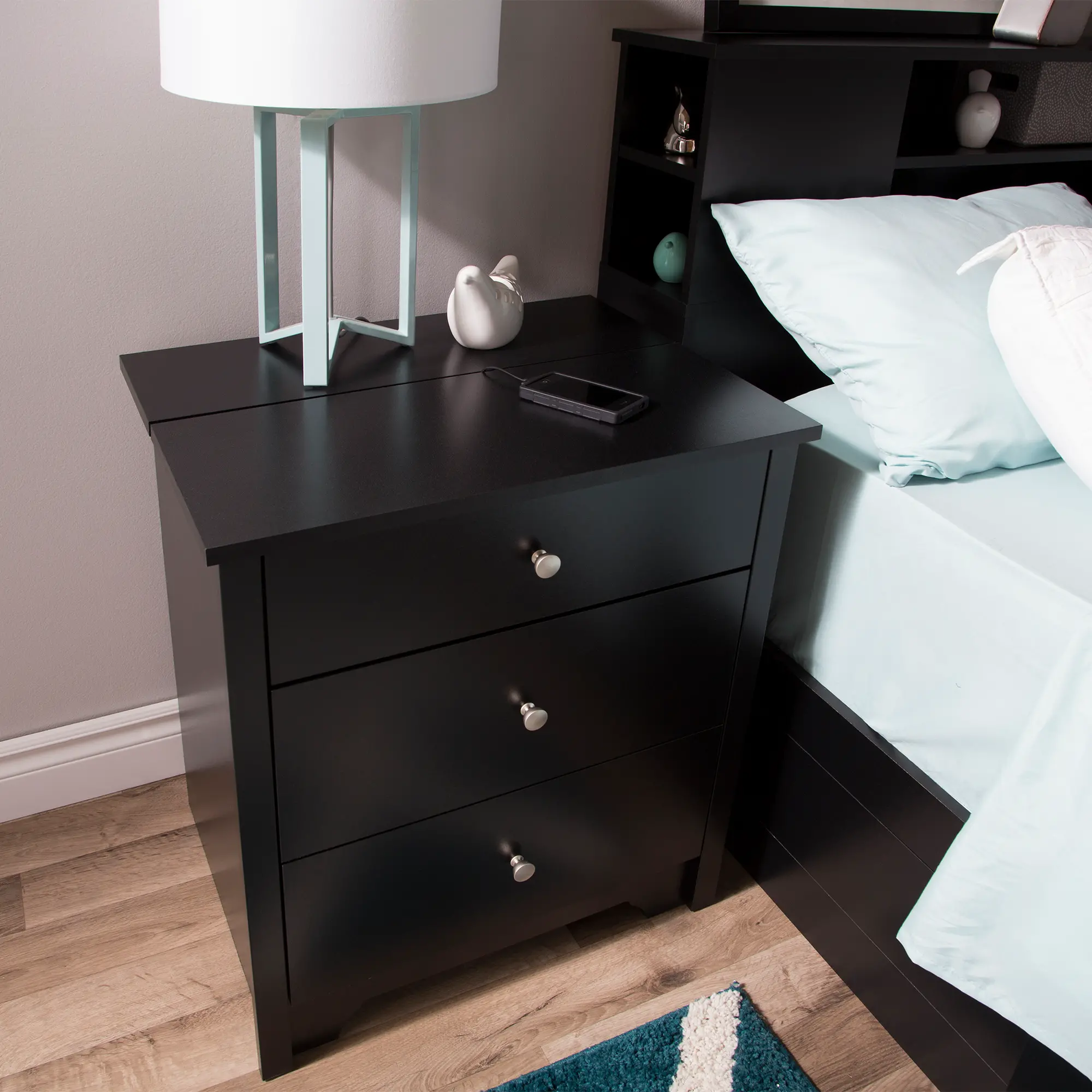 3170060 Vito Black Nightstand with Charging Station with Drawers - South Shore-3