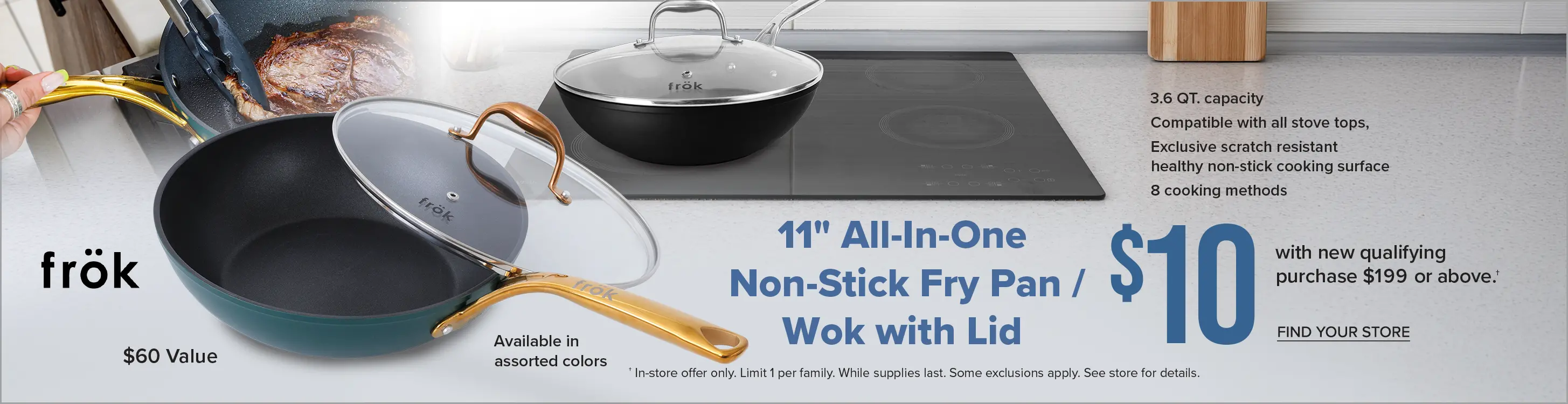 All-in-one nonstick fry pan/wok with lid.