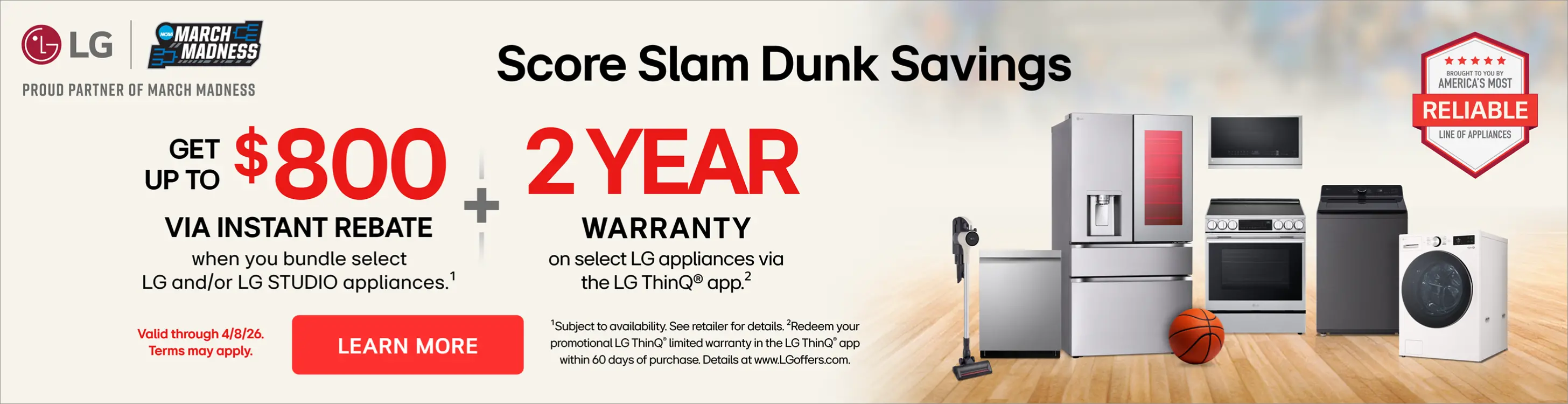 Get up to $800 via instant rebate when you bundle select LG and/or LG Studio Appliances.