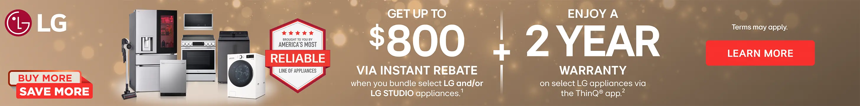 Get up to $800 via instant rebate when you bundle select LG and/or LG Studio Appliances.