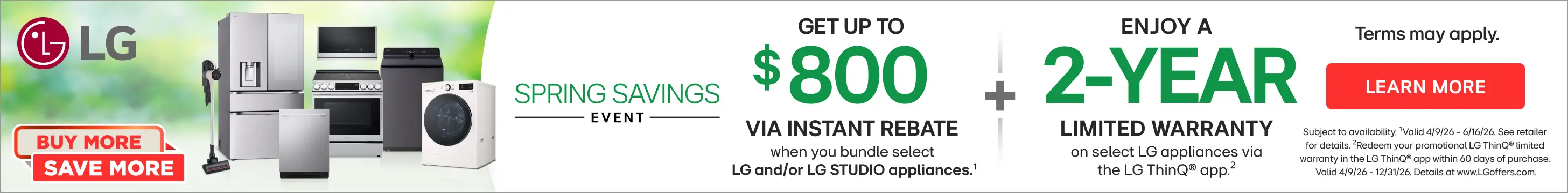 Get up to $800 via instant rebate when you bundle select LG and/or LG Studio Appliances.