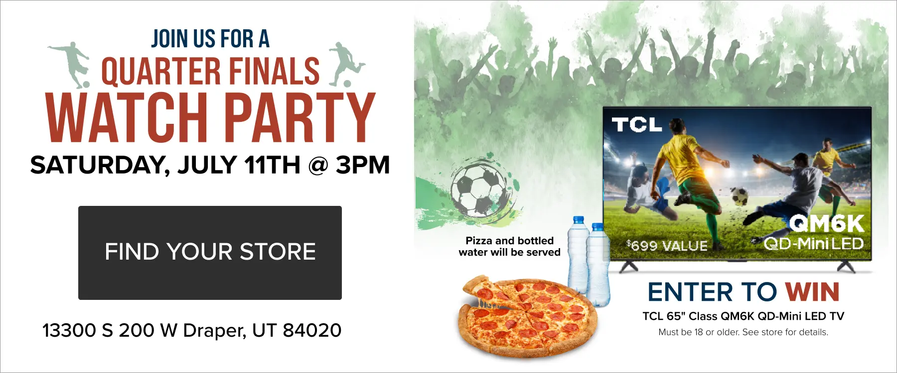 Join us for a quarter finals watch party Saturday, July 11th