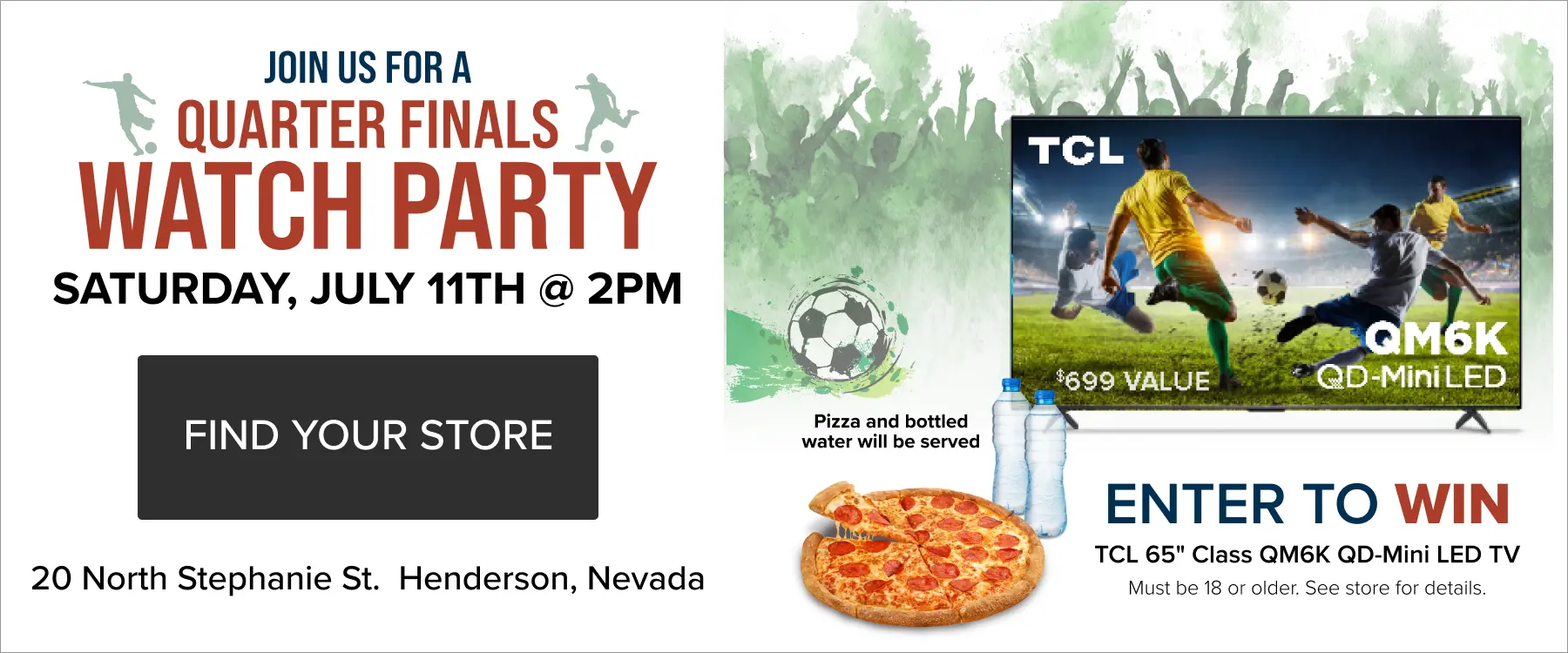 Join us for a quarter finals watch party Saturday, July 11th
