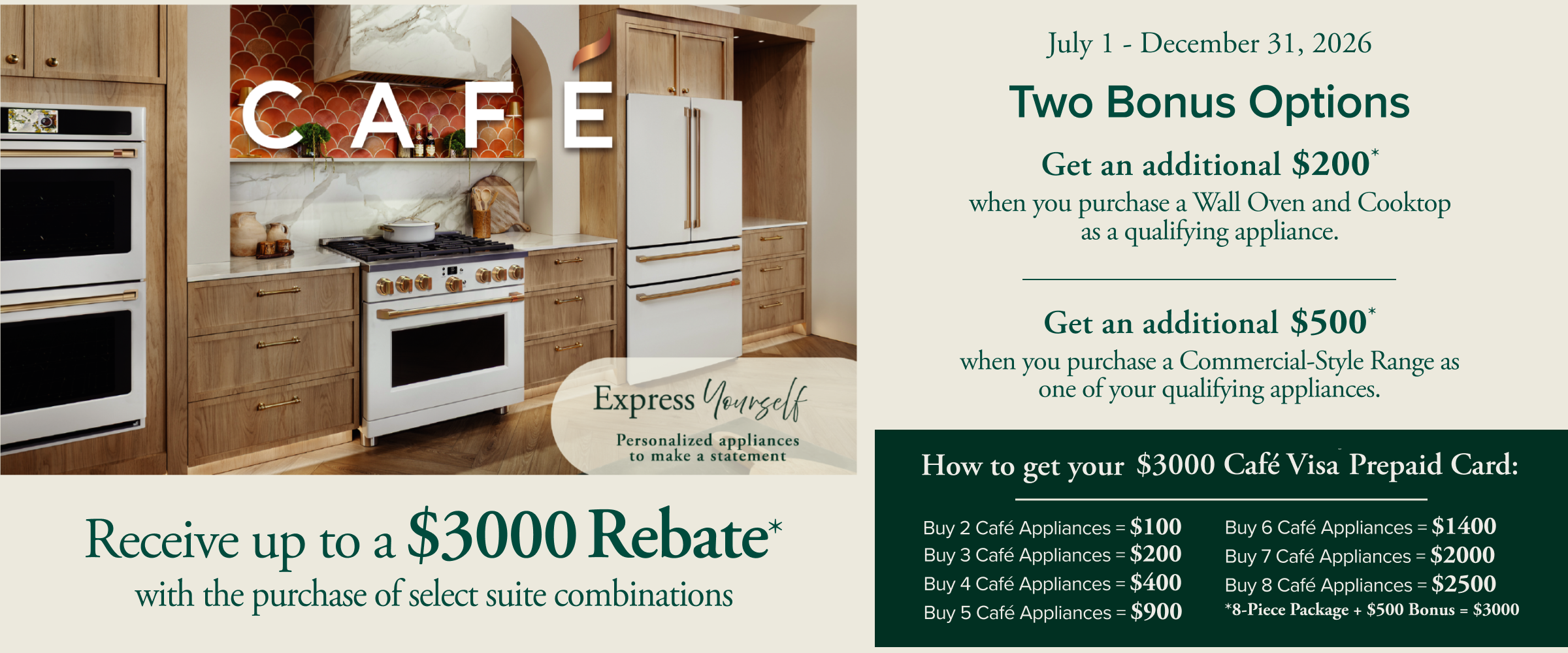 Receive up to a $3000 rebate with purchase of select suite combinations. Valid 1/1 - 6/30/26. See store for details.