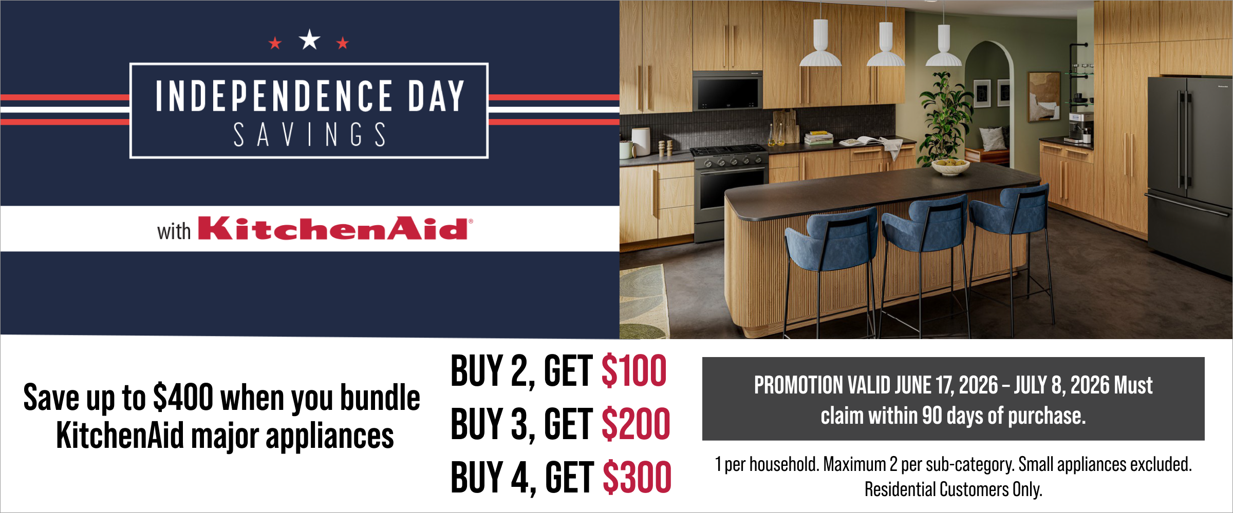 Save up to $1200 when you bundle KitchenAid major appliances. Valid 6/17 - 7/8/26. See store for details.