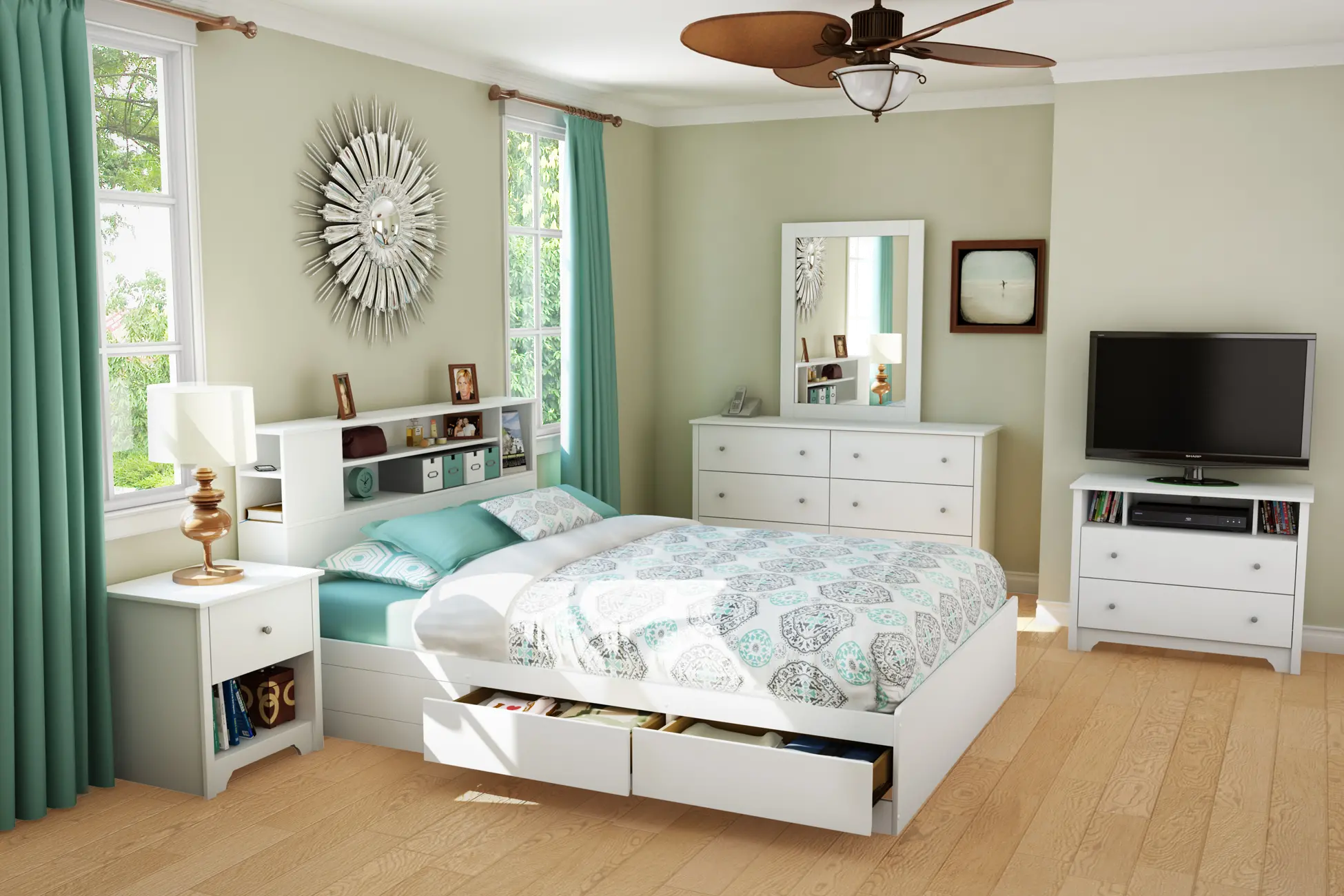 10036 Vito White Queen Mates Bed with Bookcase Headboard - South Shore-2