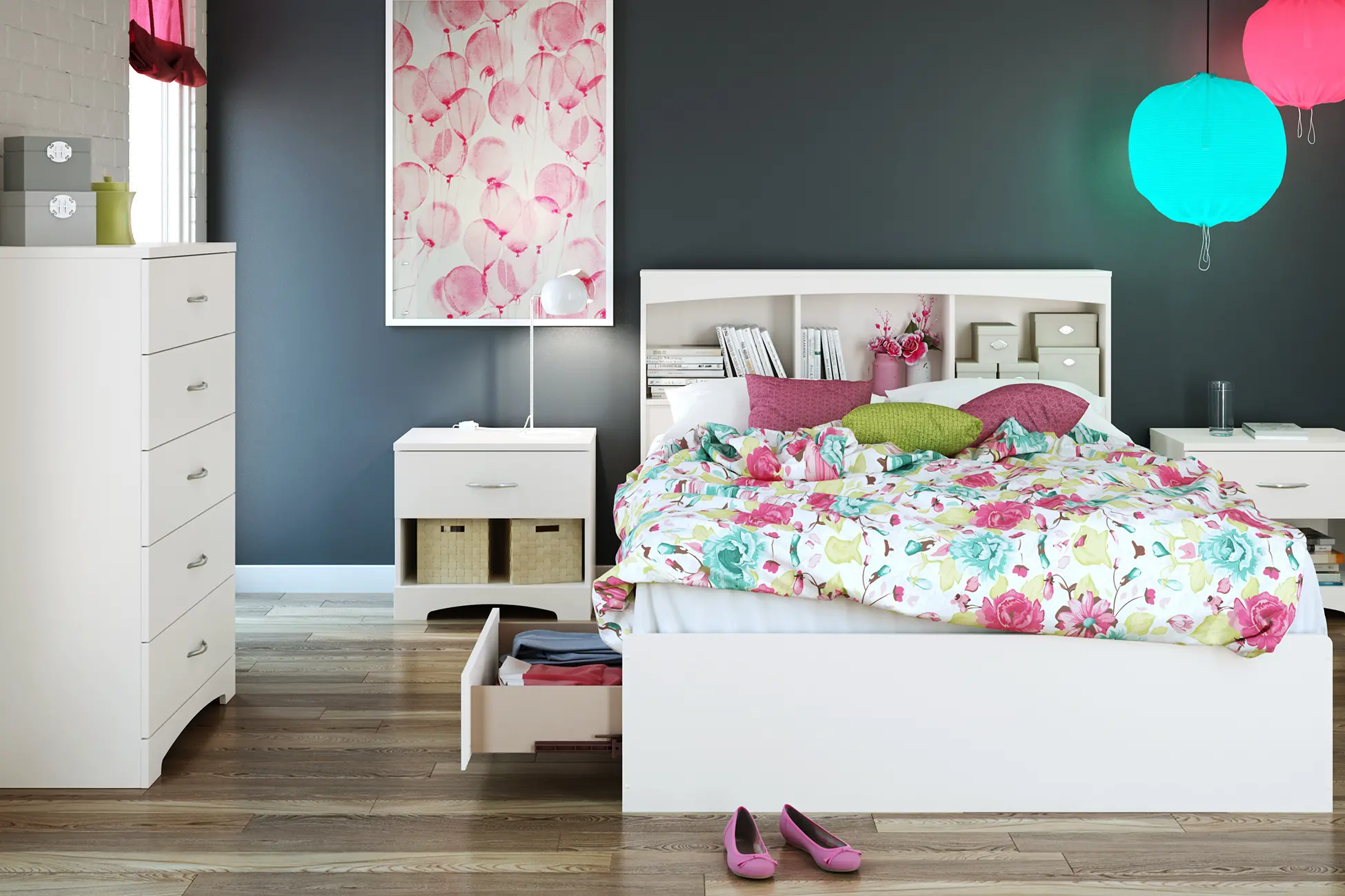 10039 White Mates Full Bed with Bookcase Headboard - South Shore-2